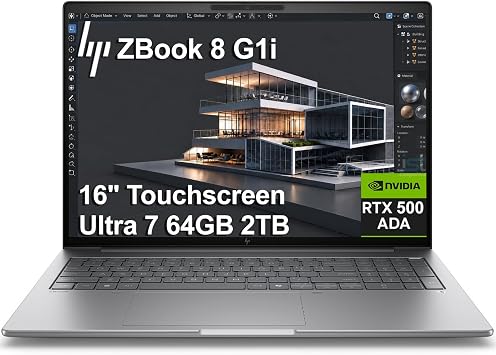 HP ZBook 8 G1i AI Mobile Workstation Laptop Intel Ultra 7 255H, NVIDIA RTX 500 Ada, 16" FHD+ Touchscreen, 64GB DDR5, 2TB SSD, for Designer, Engineer, 2x Thunderbolt 4, Wi-Fi 7, 3-Yr WRT, Win 11 Pro