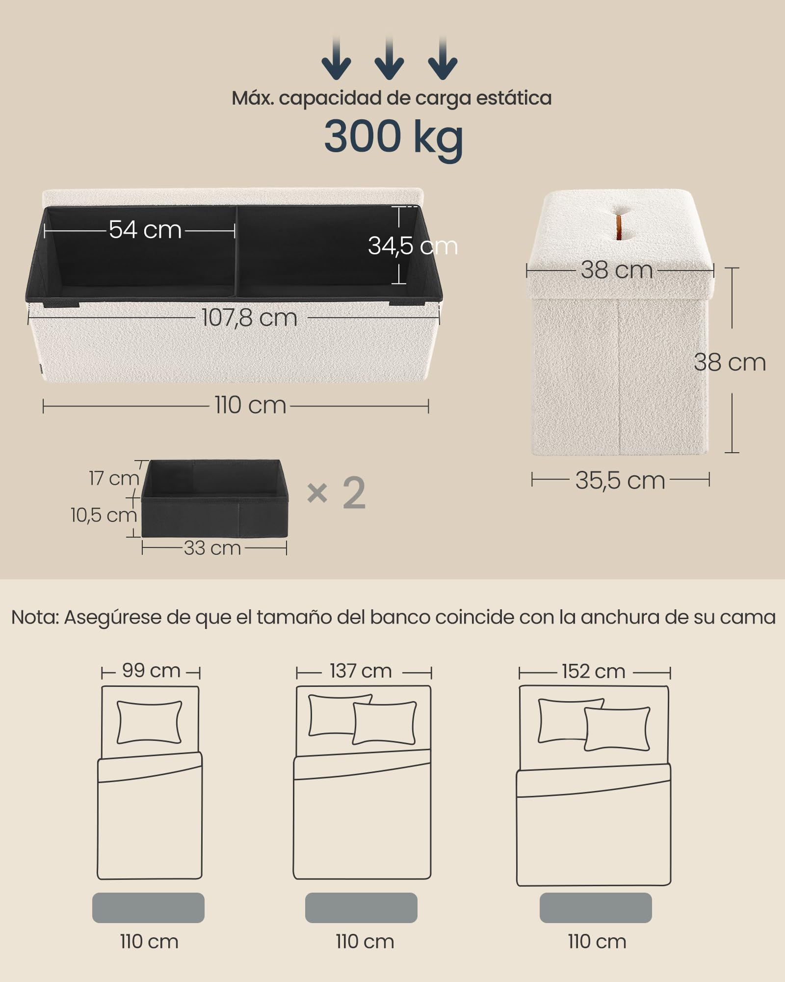 SONGMICS Puff Almacenaje, Baúl Plegable, 38 x 110 x 38 cm, Banco Almacenaje, Banco de Pie de Cama, Soporta hasta 300 kg, para Sala de Estar, Dormitorio, Entrada, Blanco Crema LSF097W01V1