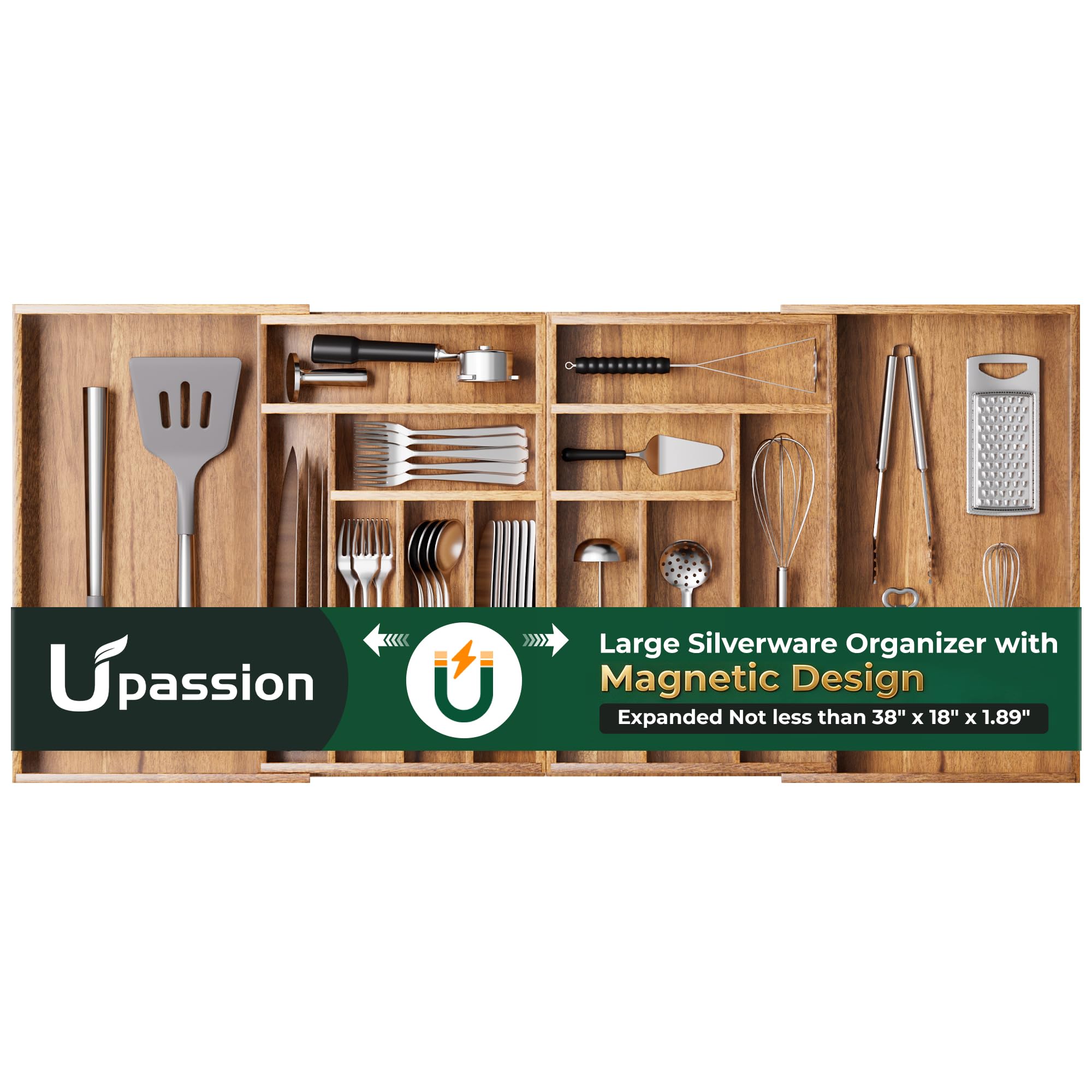 Large Silverware Organizer, 13 Slots Magnetic Connected Expandable Acacia Wood Utensil Drawer Organizer From 21 to 37.4 Inches, Adjustable Flatware and Cutlery Holder, Utensil Tray for Kitchen Natural