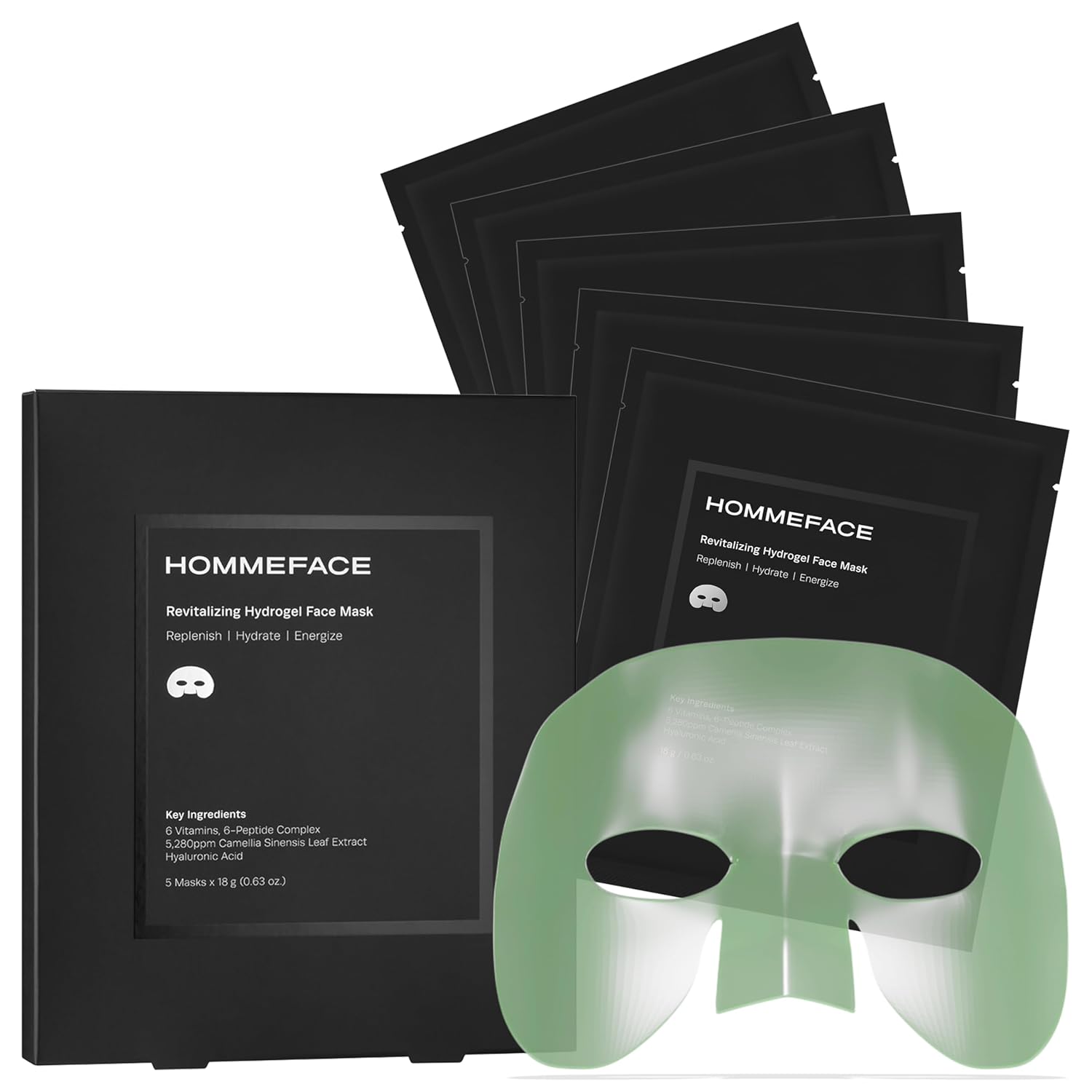 HommeFace Men’s Revitalizing Hydrogel Facial Mask Set (5ct) – Hydrating, Beard-Friendly, Anti-Aging, Soothing Face Sheet Masks – Korean Skincare Technology with Hyaluronic Acid, Vitamins & Peptides