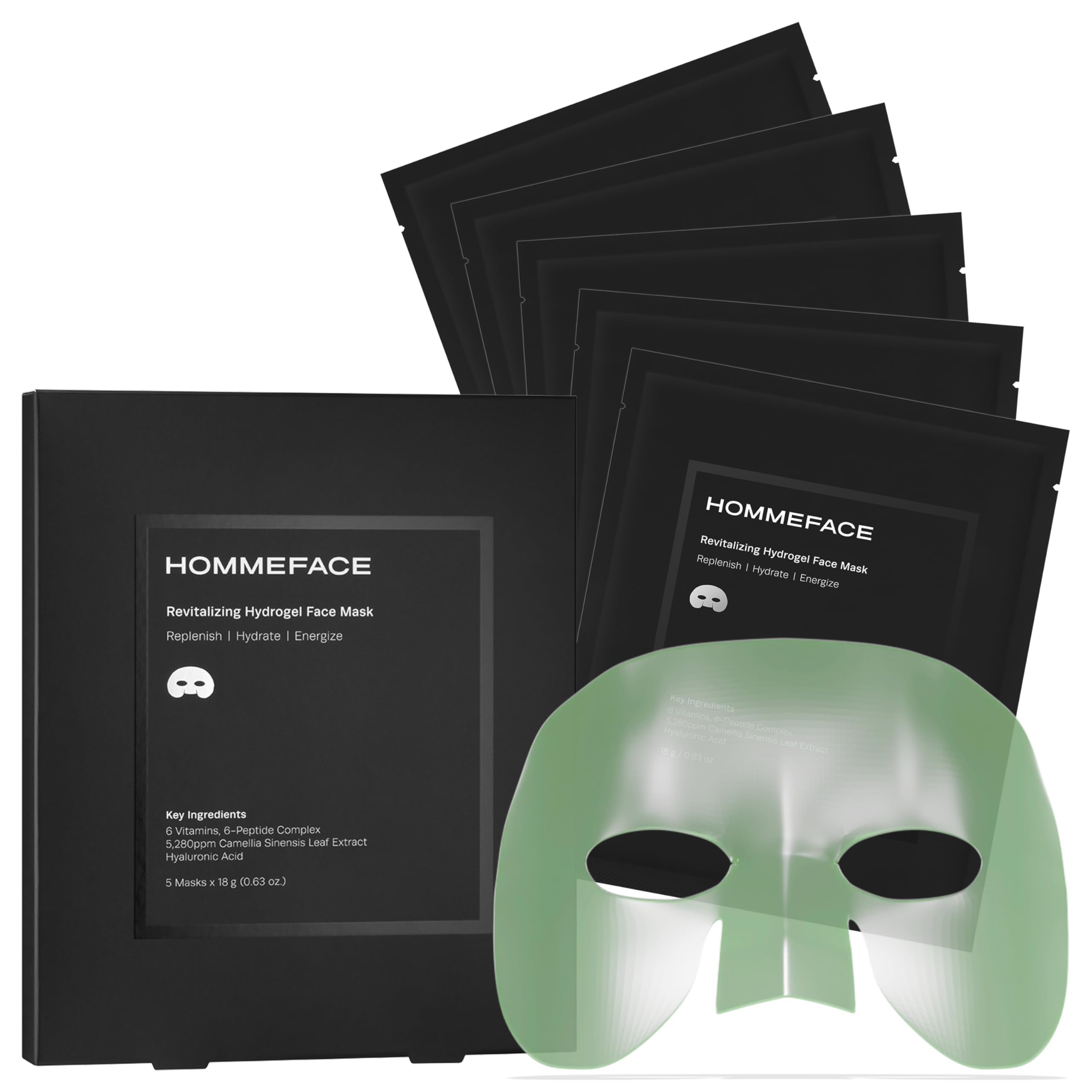 HommeFace Men’s Revitalizing Hydrogel Facial Mask Set (5ct) - Hydrating, Beard-Friendly, Anti-Aging, Soothing Face Sheet Masks - Korean Skincare Technology with Hyaluronic Acid, Vitamins & Peptides