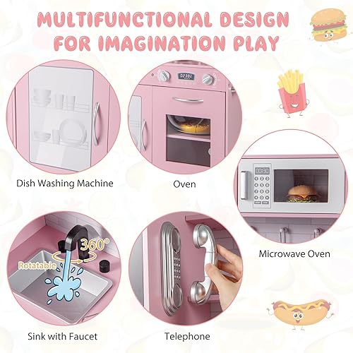 Miniatura 2 de Costzon Juego de cocina para niños, juego de cocina grande de madera con sonidos y luces reales, microondas, pizarra, horno, máquina de hielo,