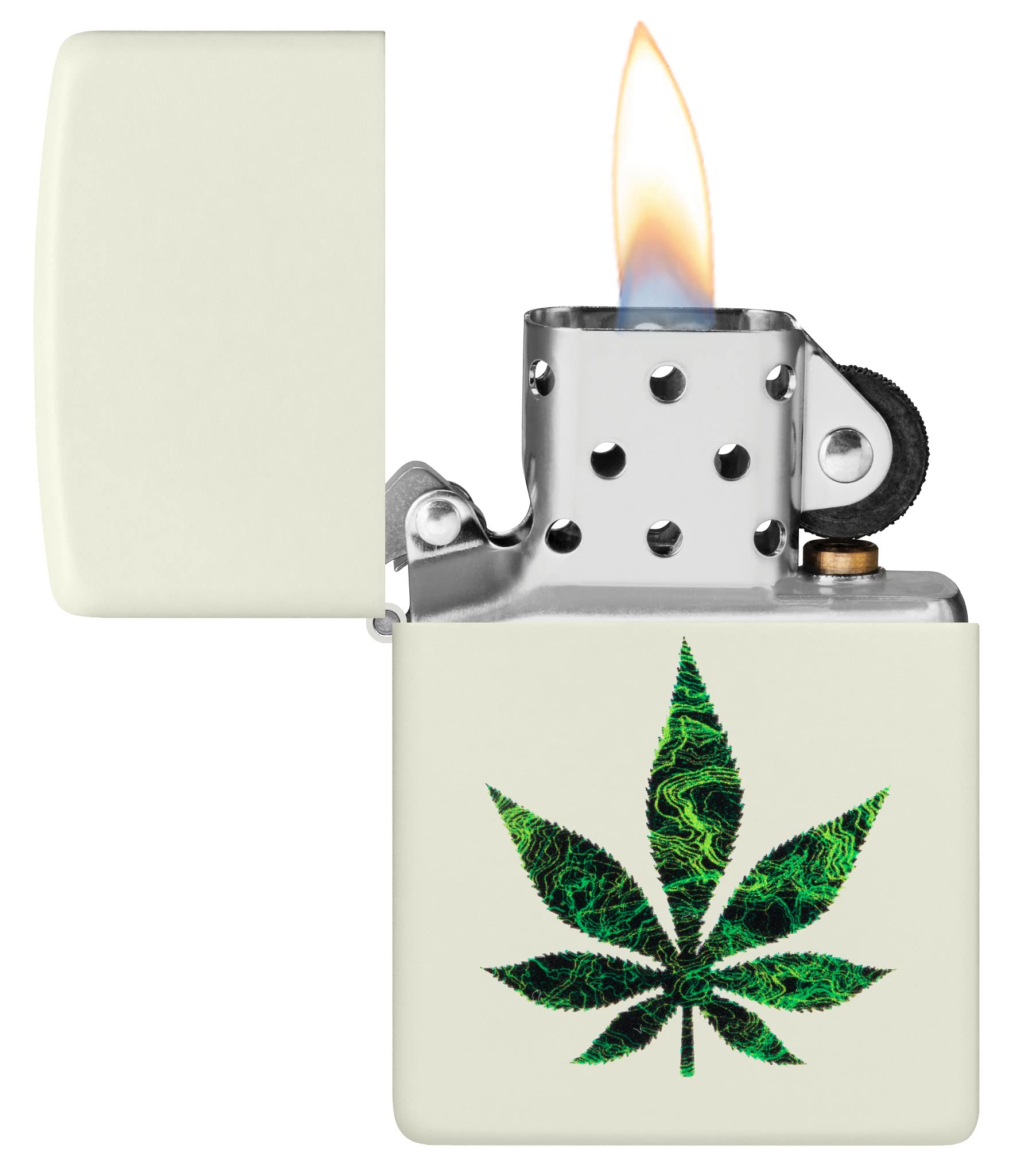 Zippo Sturmfeuerzeug - Modell Cannabis Glow - White mit Color Image, Glow-in-The-Dark Finish - Nachfüllbar - Wiederverwendbar - Windfestes Design - Made in USA