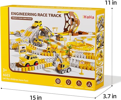 Miniatura 8 de iHaHa 299 piezas de pistas de carreras de construcción para niños, 6 piezas de autos de ingeniería y pista de carreras flexible crea un camino de