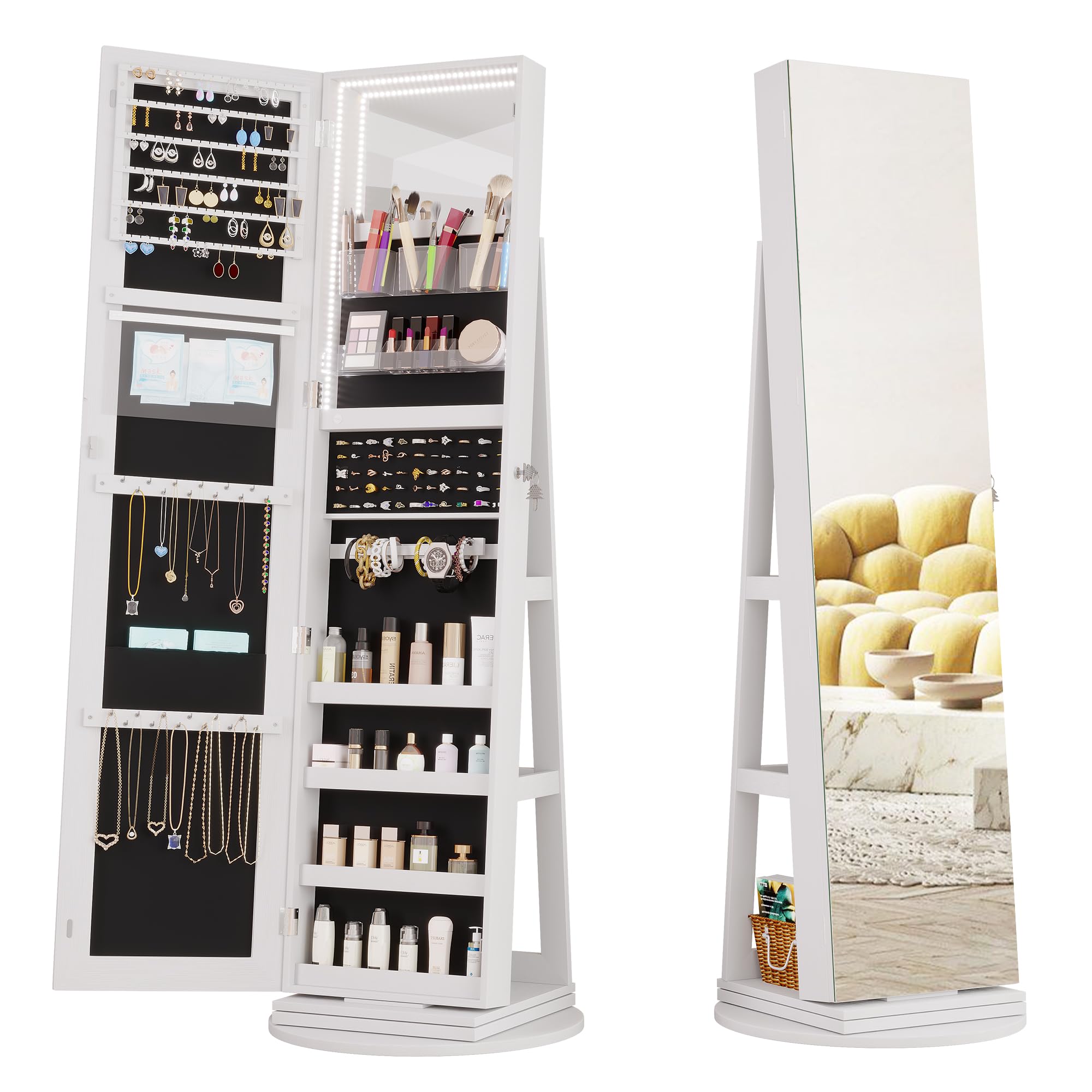LVSOMT LVSOMT Armario de joyería con luces LED, Giratorio de 360° Espejo de pie cuerpo entero armario joyero, Armario para Joyas con cerradura para dormitorio vestidore, Regalos para niñas y señoras, Blanco