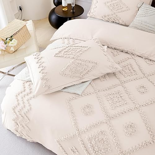Miniatura 7 de URBONUR Juego de funda de edredón beige tamaño Queen  Juego de ropa de cama bohemio copetudo, color beige, juego de funda de edredón suave y ligera