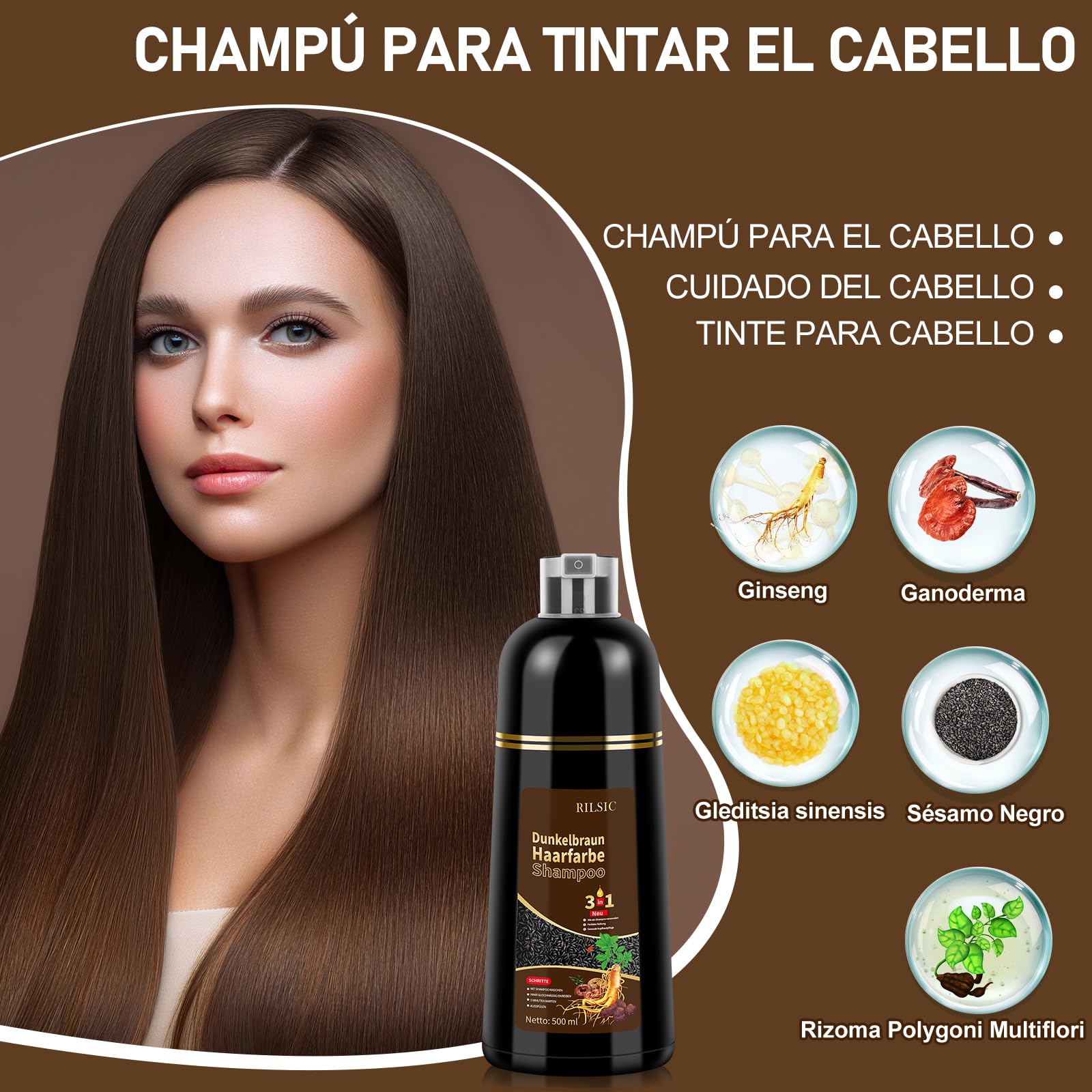Champú Tinte Castaño Oscuro Cubre Canas, 500ML Hair Dye Shampoo 3 en 1, Champu Tinte Canas Mujer Hombre, Champú de Color Tinte Pelo, Pelo instantáneo, Cubre Canas En Minutos para Mujer Hombre