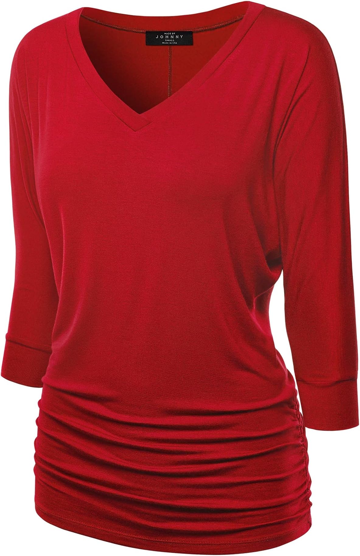 Women's Casual Boat Neck and V-Neck 3/4 Sleeve Draped Dolman Top with Side Shirring Premium Shirt