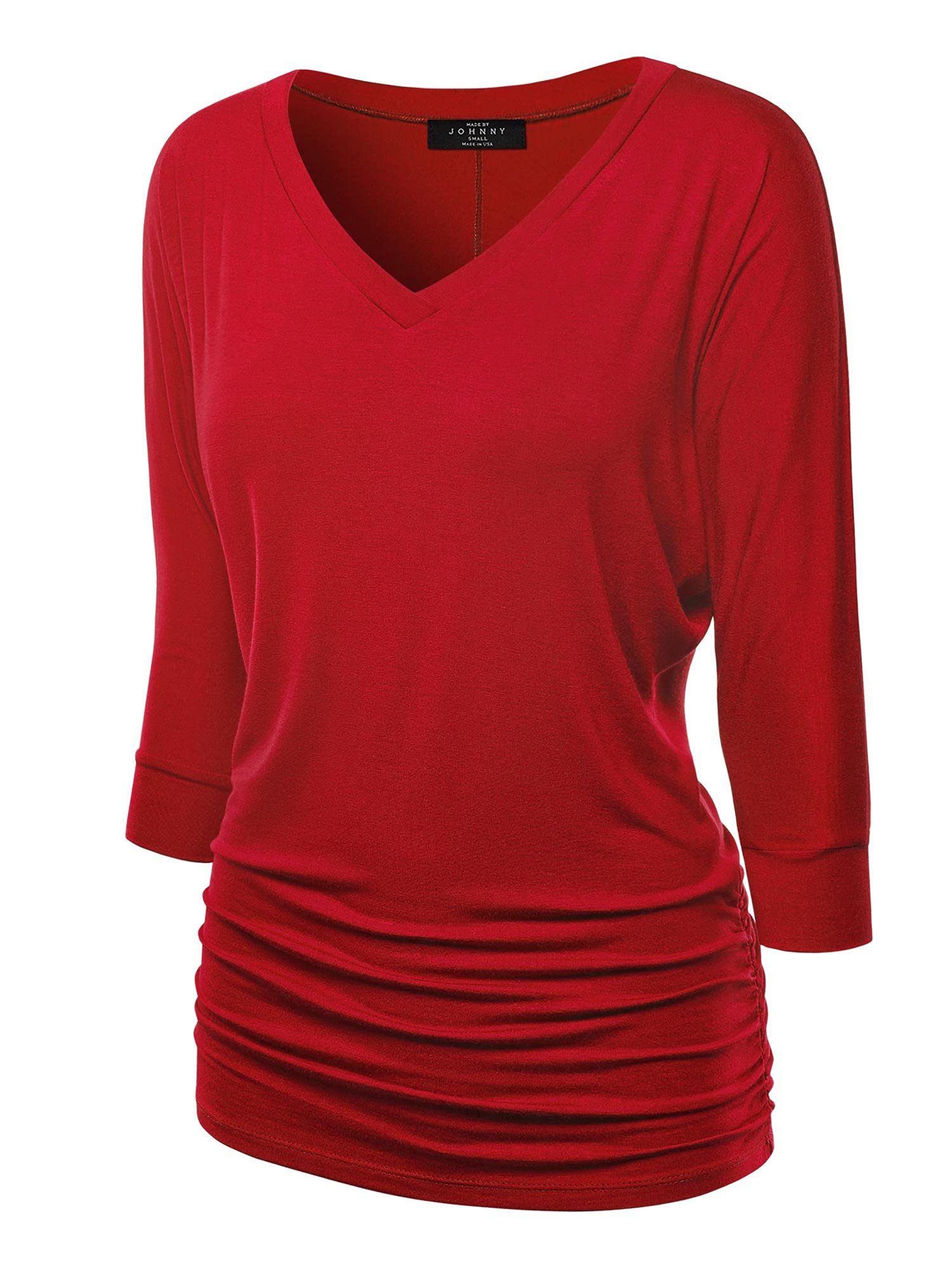 Women's Casual Boat Neck and V-Neck 3/4 Sleeve Draped Dolman Top with Side Shirring Premium Shirt