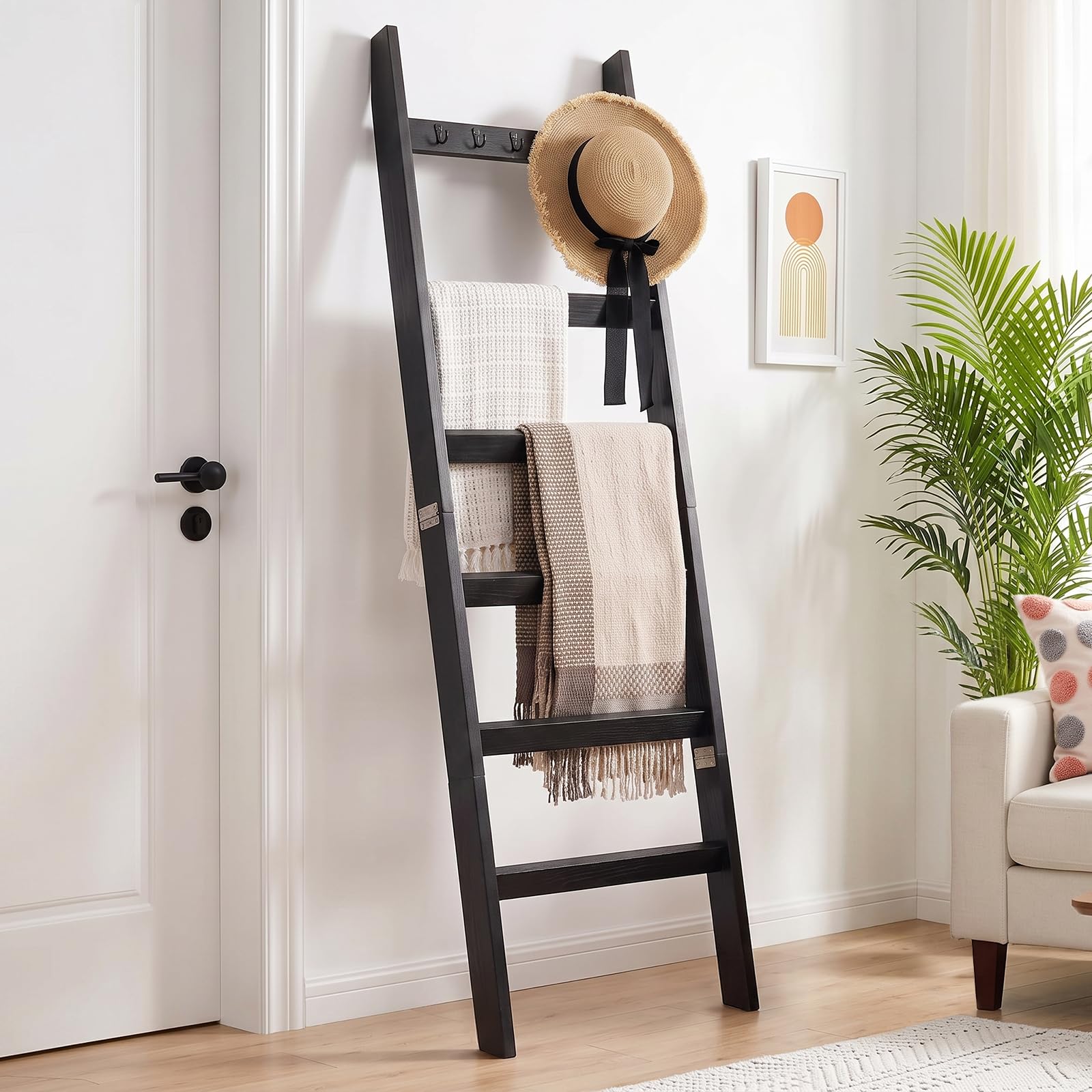 TEAKMAMA 6-Tier 5.4ft Blanket Ladder with Hooks Farmhouse Black
