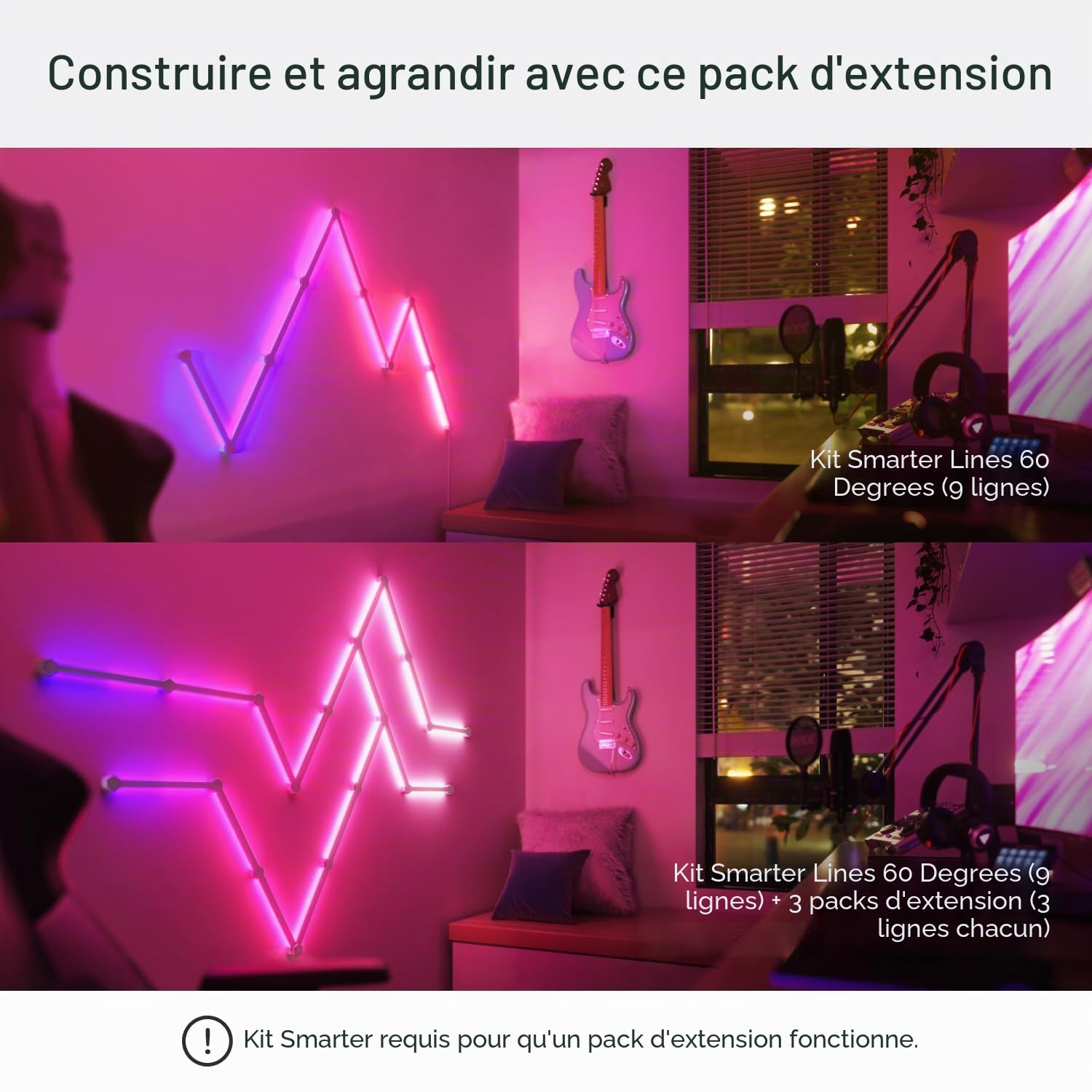 Nanoleaf Lines 60 Degrés Pack d'Extension, 3 Barres Lumineuses LED RGBW Connectées - Appliques Murales Luminaires Intérieur Modulaires Wi-Fi 16M Couleurs, Compatible Alexa, pour Salon Chambre Gaming
