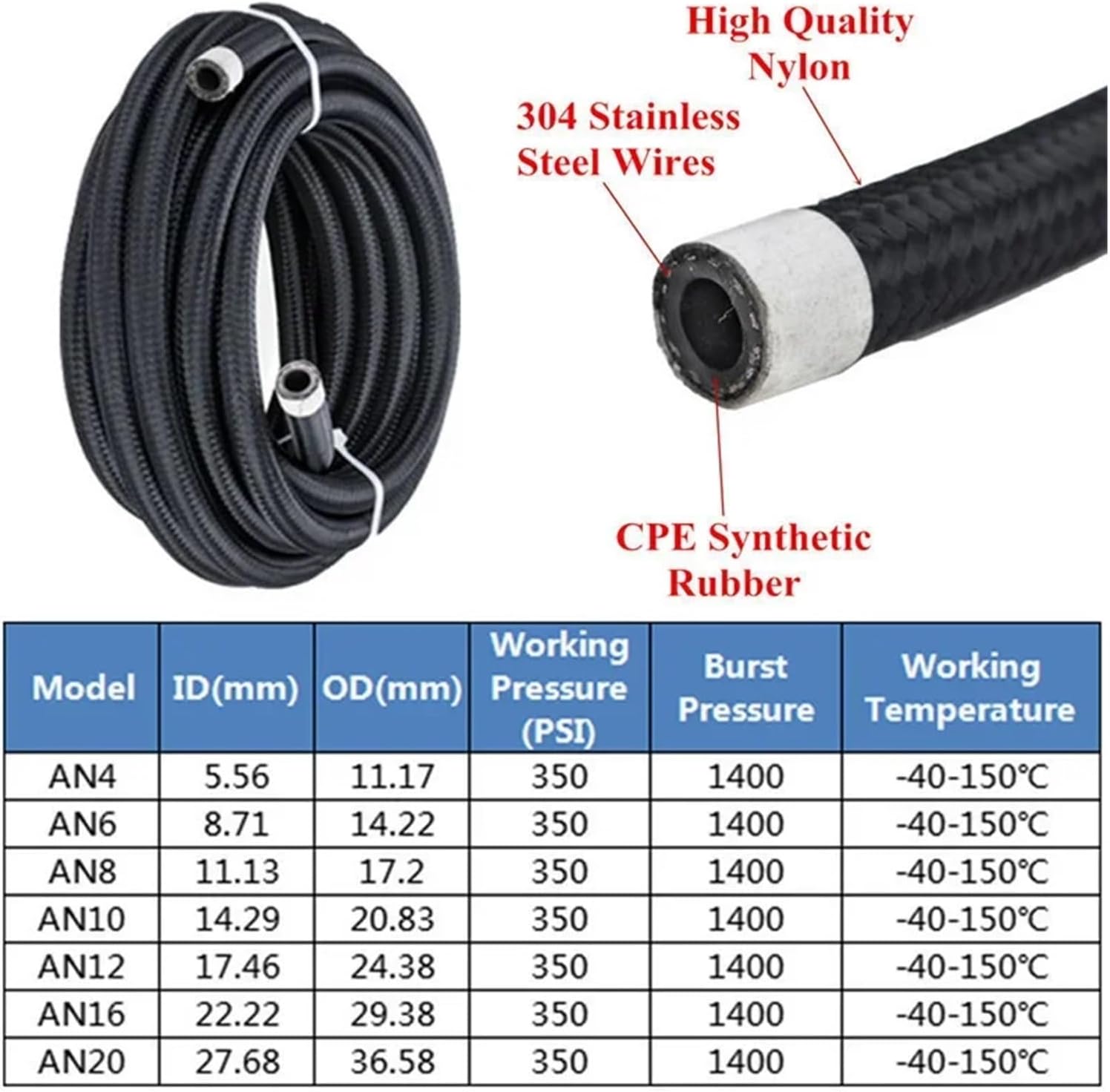 1.5M AN8 Fuel Hose Fitting Oil Line Pipe Tube Nylon Stainless Steel Braided CPE Rubber With 0/45/90/180 Degree Swivel Hose Ends(1.5M Black 0 0)
