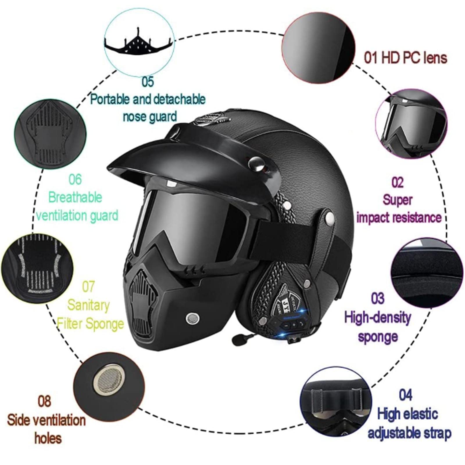 EBAYIN Casco Moto Retro Bluetooth In Pelle, Casco Jet 3/4 Vintage Con Occhiali - Omologato ECE/DOT - Uomo E Donna