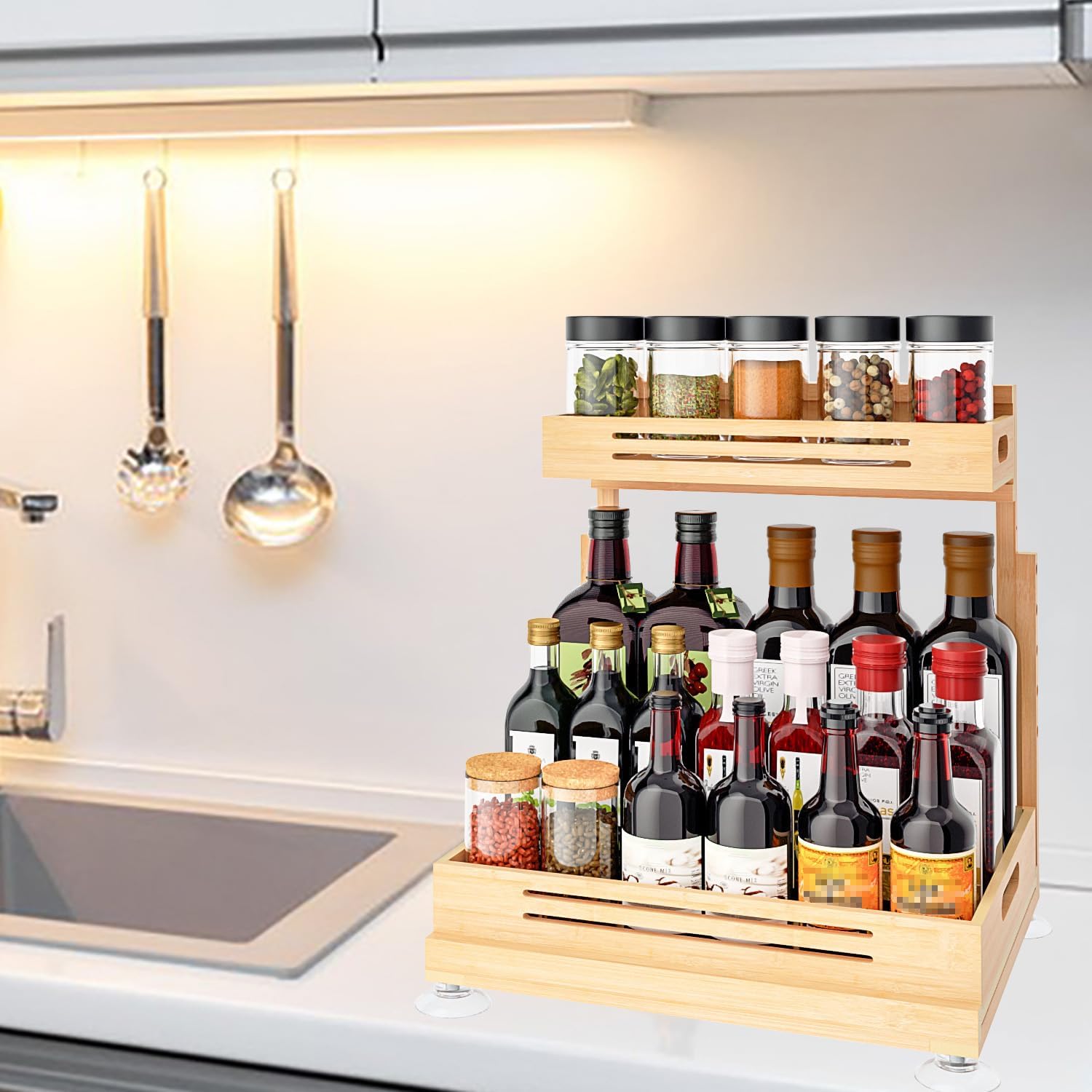 Under Sink Organizer, Pull Out Cabinet Organizer, 2 Tier Slide Out Sink Shelf Cabinet Storage Shelves, Storage for Kitchen Bathroom, Natural Premium Bamboo Wood - Image 6