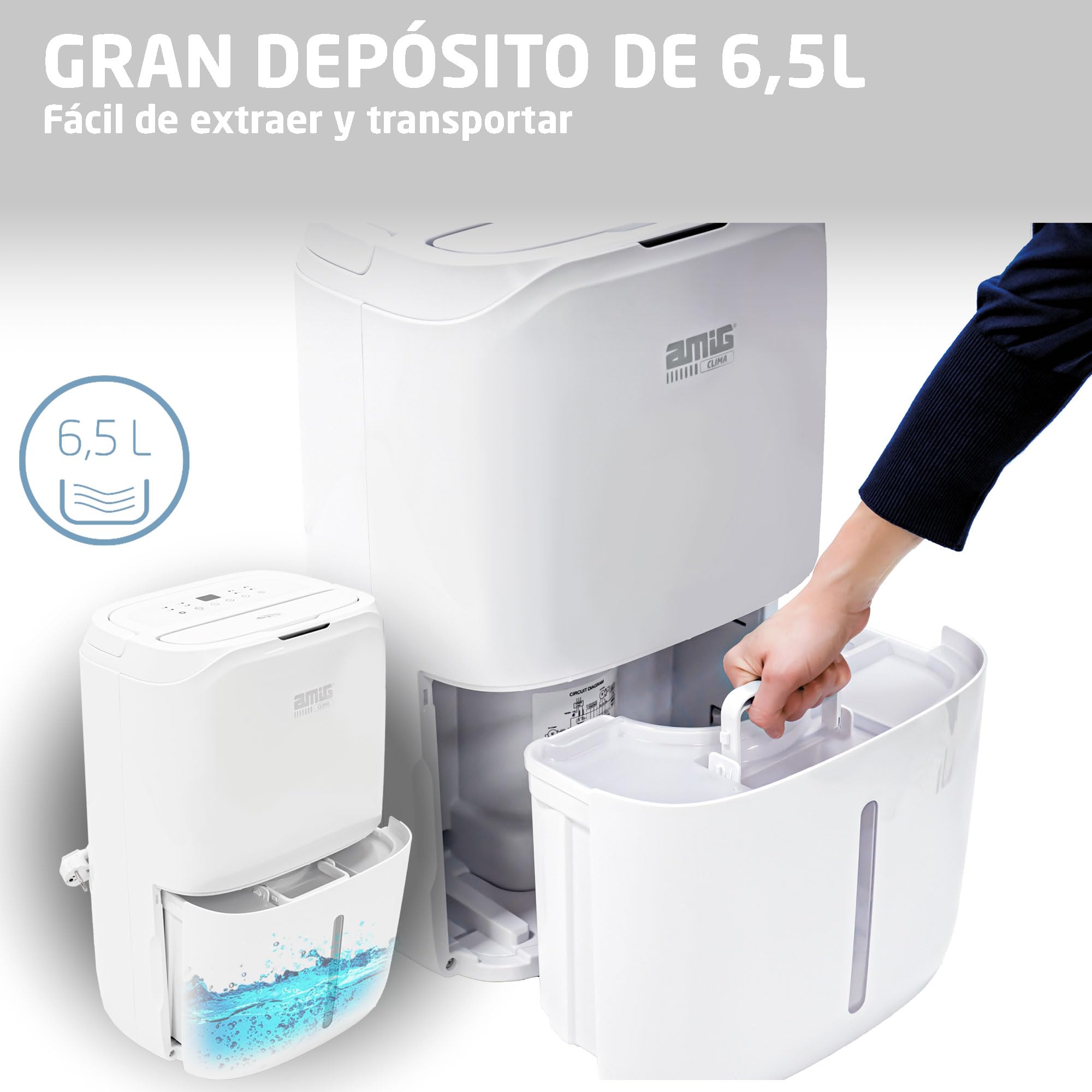 Amig - Deshumidificador MIST - Capacidad 20L/día - Depósito extraíble 6,5L - Control de Humedad y Temporizador - 36 x 28 x 56 cm - 260W - Cobertura 165m3/h - Silencioso 45 dB - Secado de Ropa