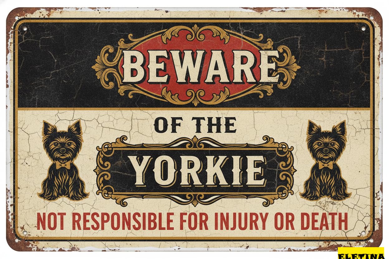 Tin Sign for Man Cave Beware Of The Dog Yorkie Aluminum Metal Tin S Outdoor Yard Warning Fence Yard Home Kitchen Farm Garden Wall Decor 8x12 Inch Private Property Decorative
