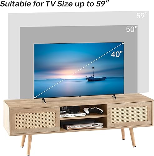 Miniatura 3 de Soporte de TV de 55 pulgadas, gabinete de TV de ratán bohemio, centro de entretenimiento con puertas correderas dobles para almacenamiento + estante
