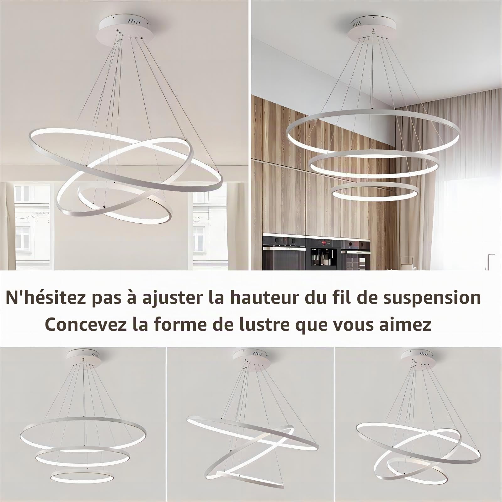 Lustre LED Salon Moderne Suspension Luminaire Noir 115W, Plafonnier Dimmable avec Télécommande, 3 Anneaux Réglable Lustre Suspendu, Decorative Lampe Pour Chambre, Cuisine, Bureau 40+60+80cm