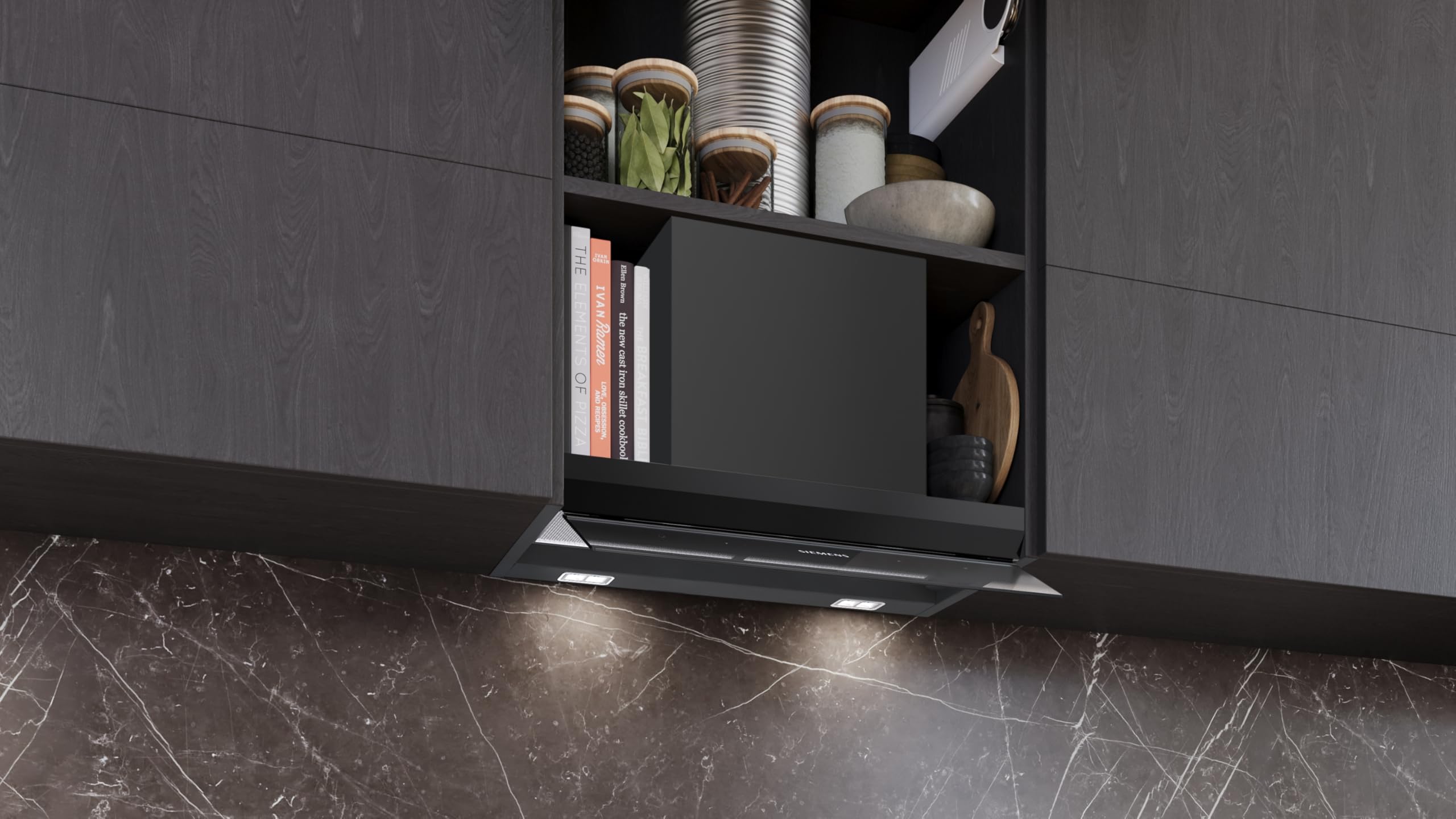 iQ500, cappa di design integrato, 60 cm, vetro trasparente nero stampato, nero opaco, LJ67BDP60