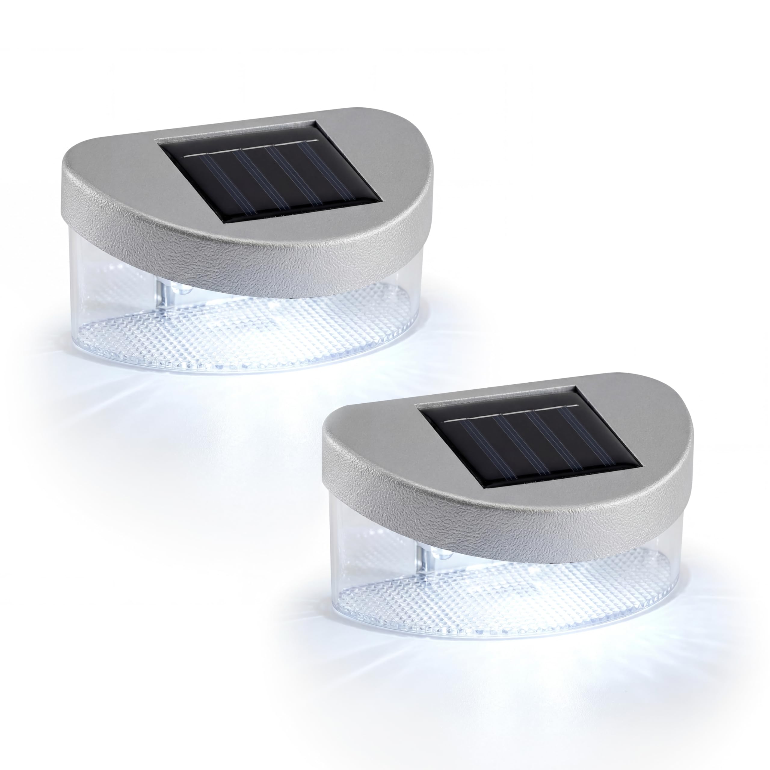Geezy 2 X Silver Solar Deck Light Solar Fence Lights, Set Of 2 - Silver Waterproof Pathway Wall Lamp With Bright White Leds & Dusk To Dawn Sensor - Outdoor Security Garden Fence Solar Lights, Patio Decoration & Deck Lighting