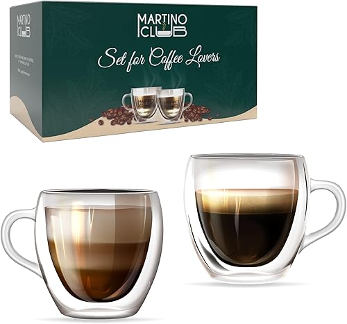 MARTINO CLUB Juego de 2 tazas de café de vidrio de doble pared con asa caja de regalo de 118fl oz té café con leche capuchino tazas de vidrio de