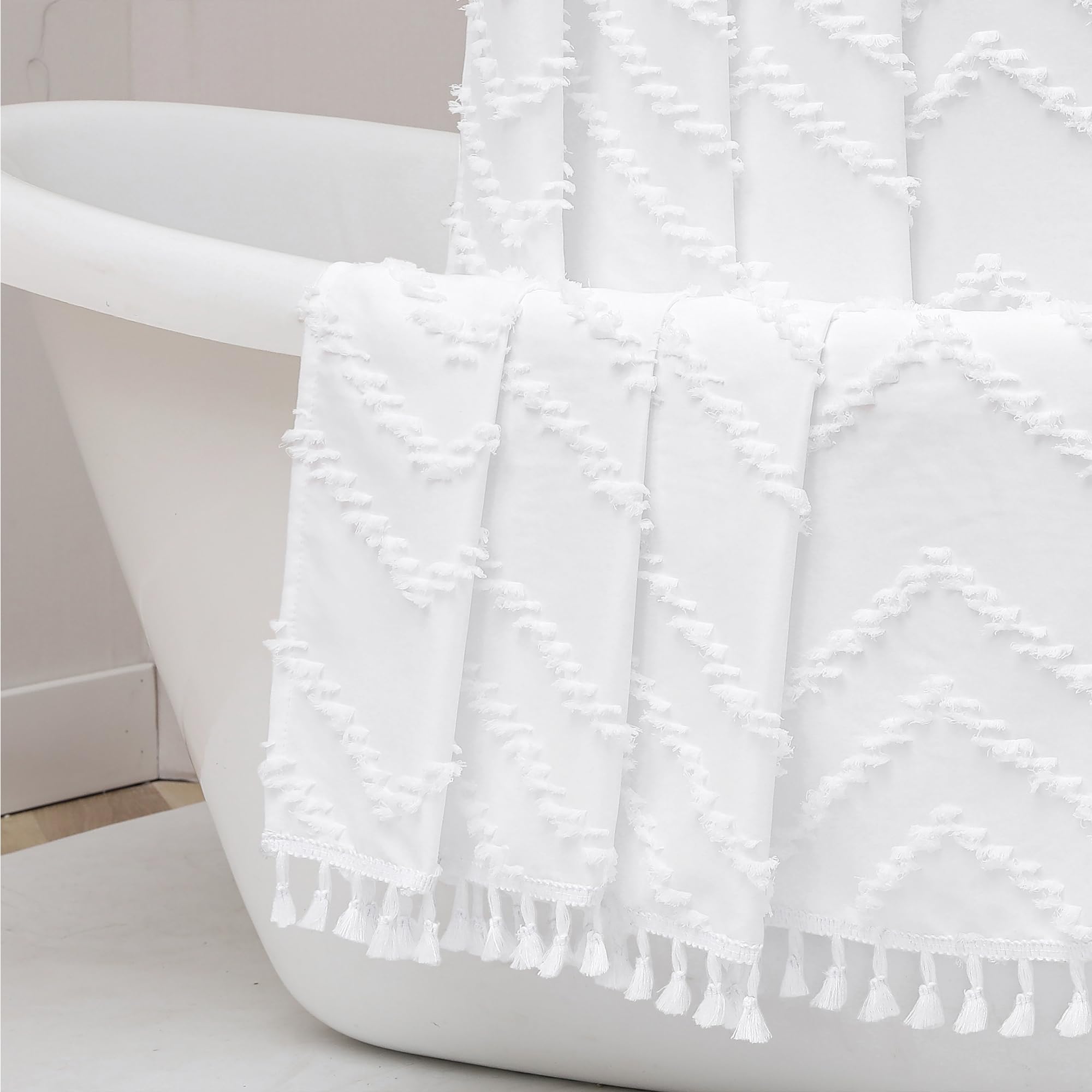 OWENIE Extra Long White Boho Shower Curtain, Chic Tufted Chevron Striped Textured Fabric Cloth Shower Curtains with Tassel for Bathroom, Soft Hotel Style Farmhouse, Machine Washable, 72x84