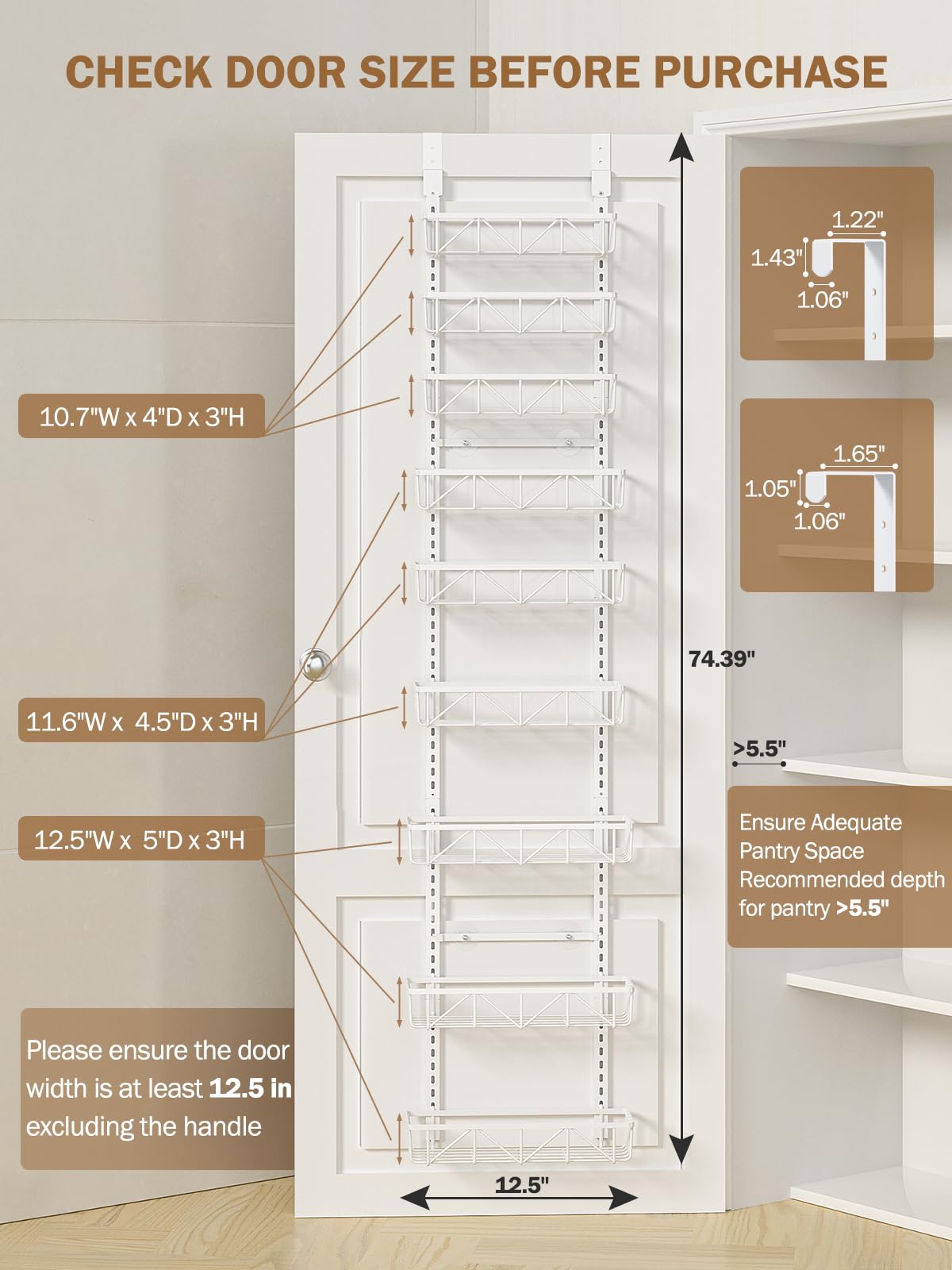 Delamu Narrow 9-Tier Over the Door Pantry Organizer, Adjustable Pantry Storage, Metal Hanging Spice Rack, Cabinet Door Organizer for Kitchen, Bathroom, Laundry Room, 12.5