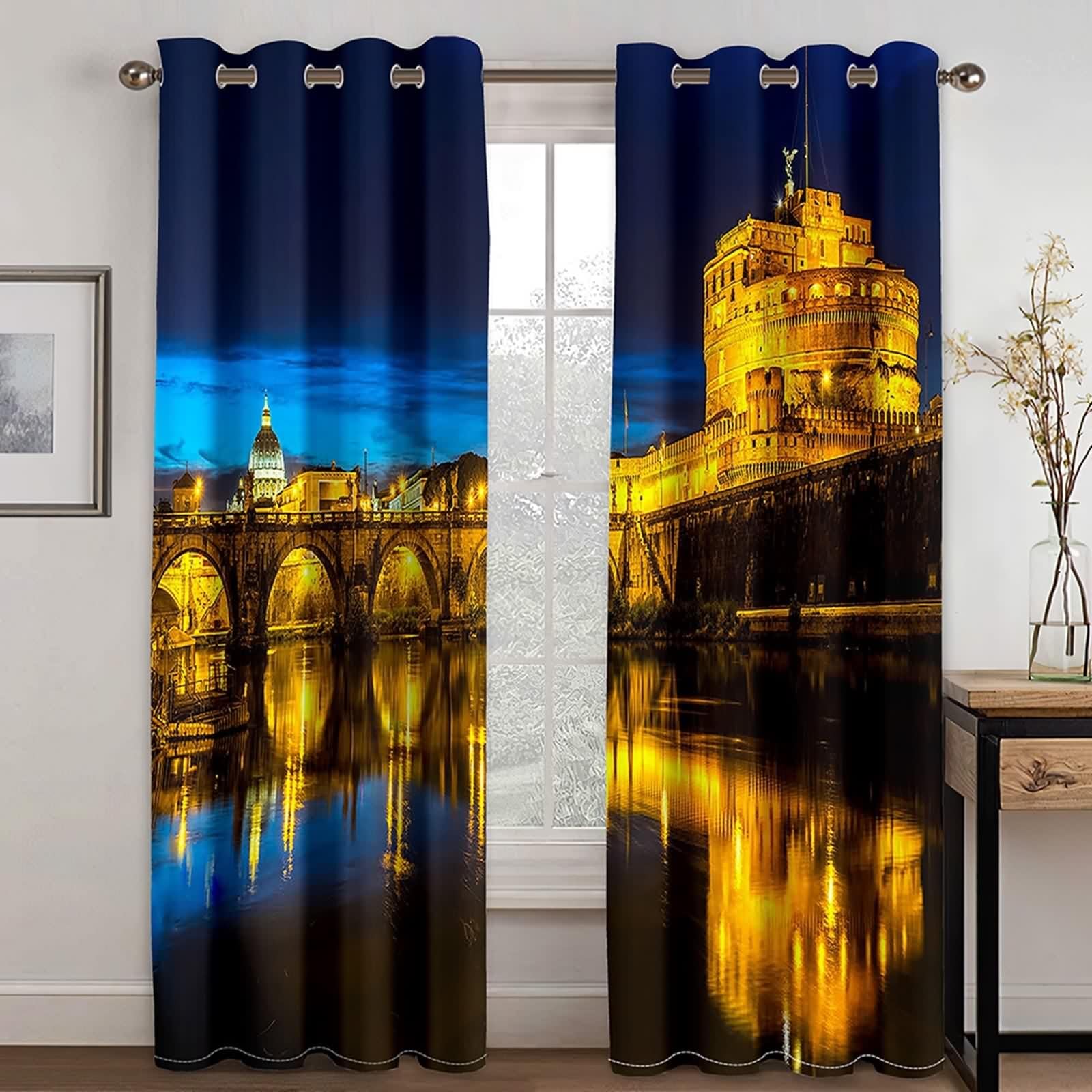 Rideau Fenetre, Rideau Fenetre Chambre Noir Or Bleu Polyester Architecture Ancienne de Style Européen 214L x 229H CM Lot de 2