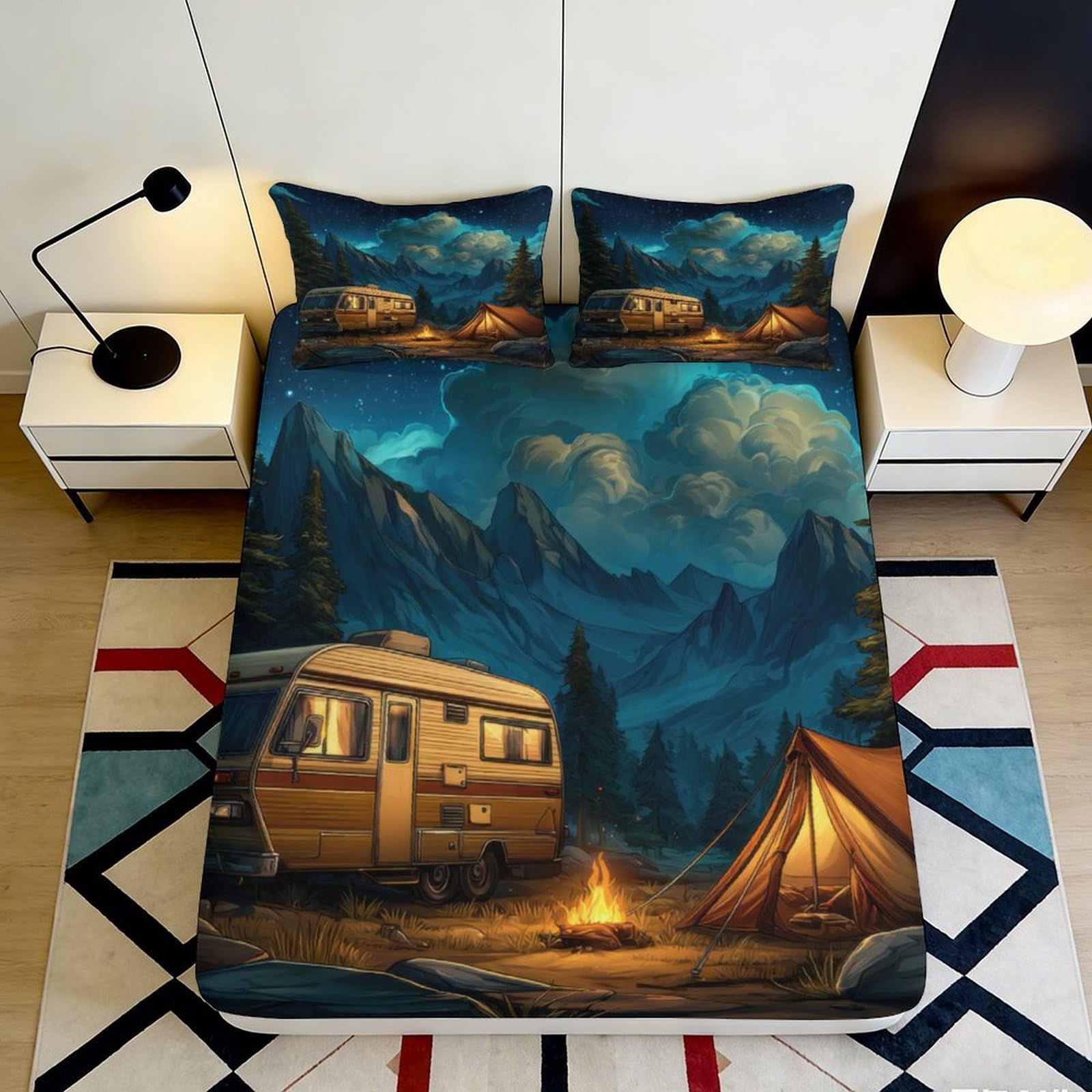Jqzkxnhpbr Style-7 3D Printed Mountain Night Fitted Sheet Microfiber Scenic Camping Tent Bed Cover For Bedroom Dorm Decoration 90X200x25cm