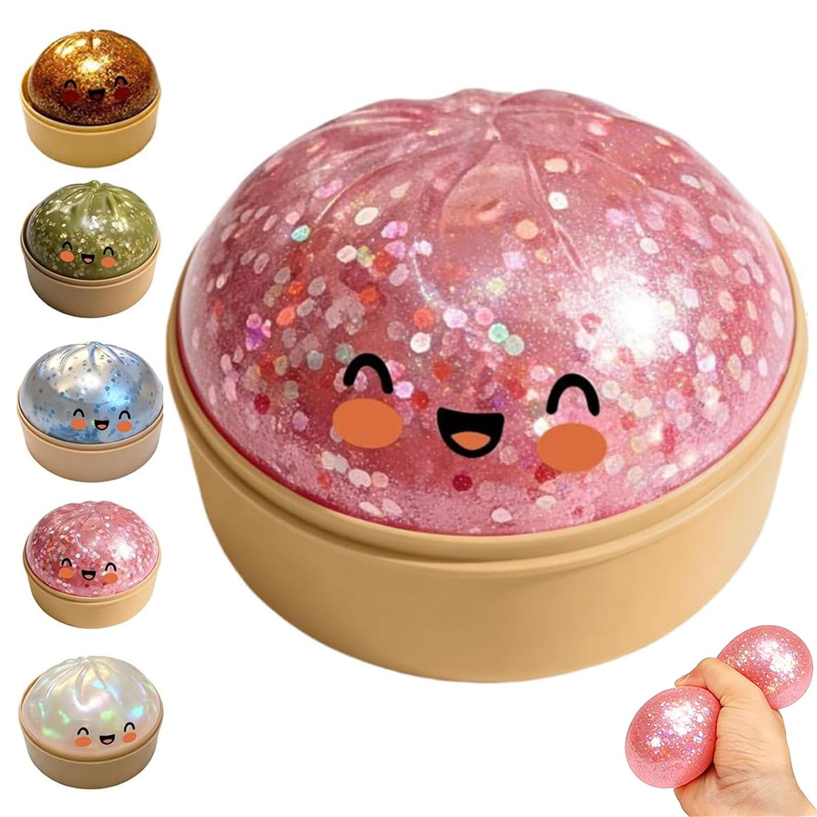 Glitter Dumpling Squishy with Steamer Box, Stress Relief Squeeze Fidget Toy, Glitter Mystery Dumpling Toy for Adults & Kids, 5 Color Options (Pink)