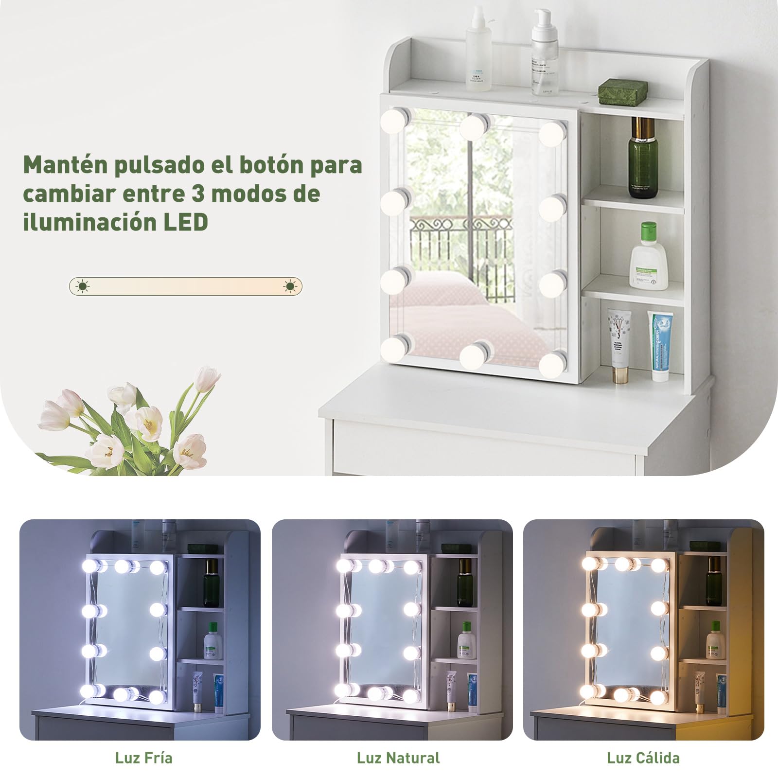 LEMROE Tocador Hollywood con Espejo LED y Taburete, Mesa de Maquillaje Blanca con 7 Estantes y 1 Cajón