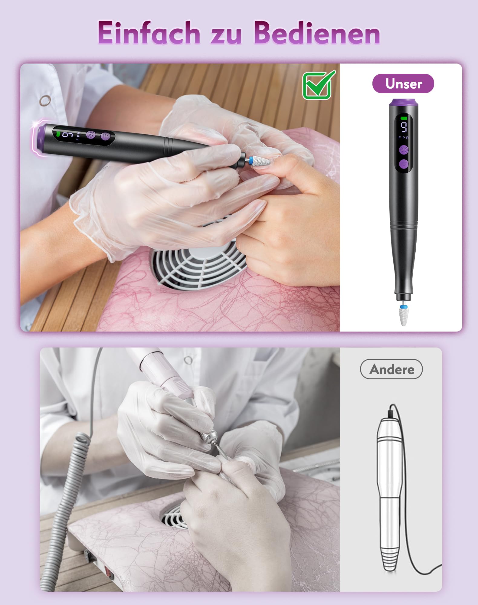 Nagelfräser Set Elektrisch mit LCD Display, Elektrische Nagelfeile Kabellos USB-C Wiederaufladbar, 9 Geschwindigkeiten bis 20000 U/min, Nagelschleifer für Gelnägel, Acrylnägel, Maniküre, Pediküre