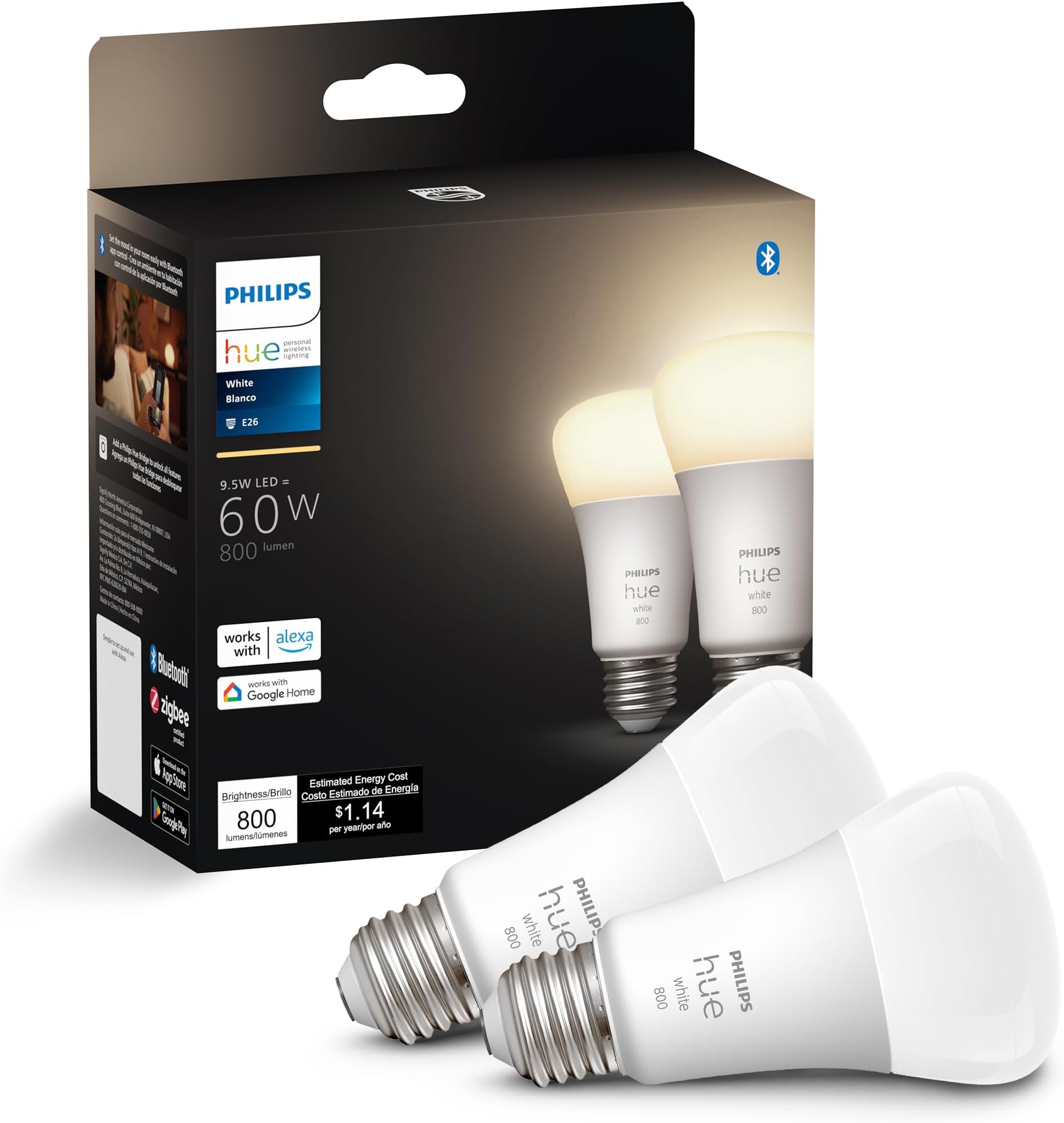 Smart 60W A19 LED Bulb - Soft Warm White Light - 2 Pack - 800LM - E26 - Indoor - Control with Hue App - Works with Alexa, Google Assistant and Apple Homekit