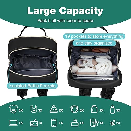 Miniatura 3 de MOMUVO Mochila para pañales, bolsa de bebé acolchada con cambiador, correas para cochecito y funda para chupete, bolsas de pañales de viaje grandes,