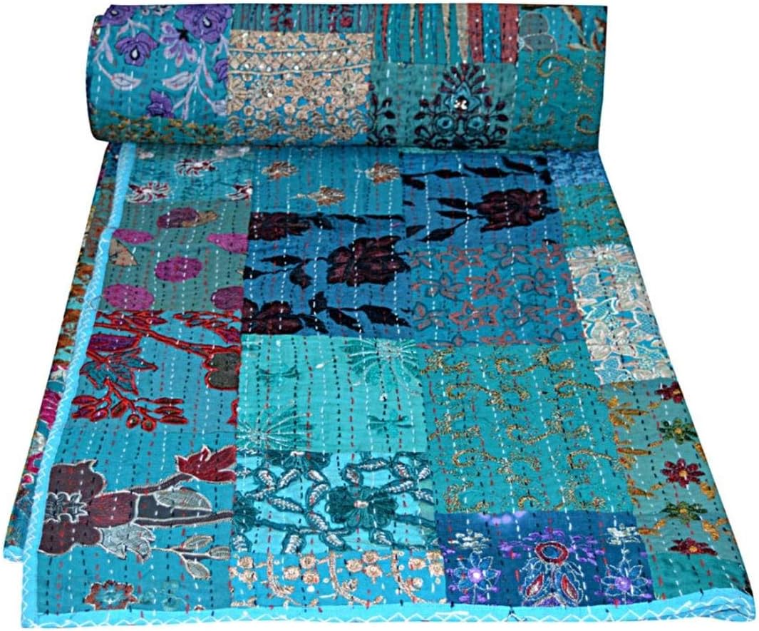 Indian Patchwork Decor Old Vintage Queen/King Size Embroidery Kantha Quilt Home Decorative Khambadiya Kantha Quilt Kantha Bedspread Indian Blanket Quilt with 2 Pillows Cover