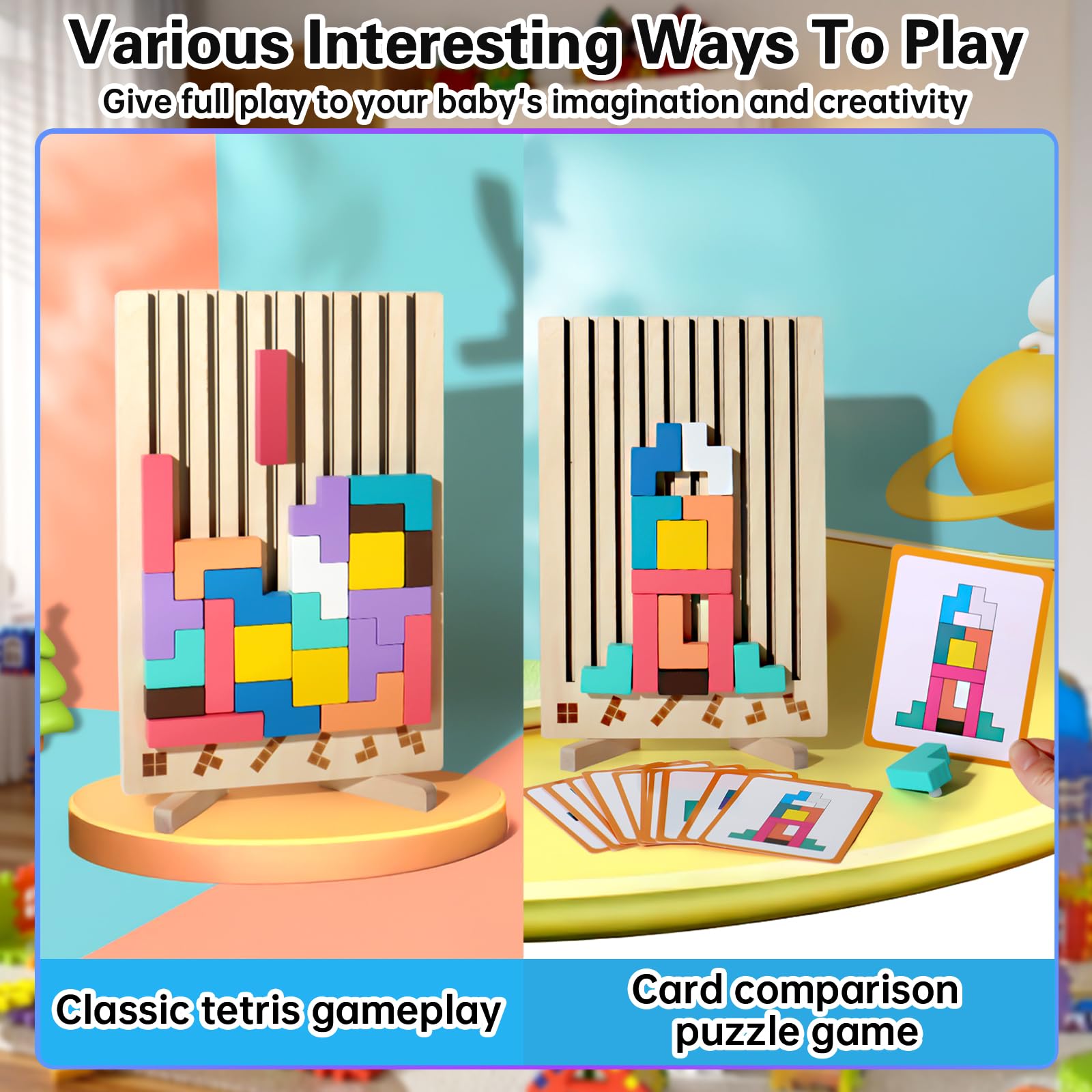 ZLPBAO Tetris Gioco per Bambini con 10 Carte e Borsa, Puzzle 3D di Legno Tetris Giochi montessori 3 anni, Intelligenza Jigsaw Rompicapo, Regali per Bambini di 3, 4, 5, 6 Anni