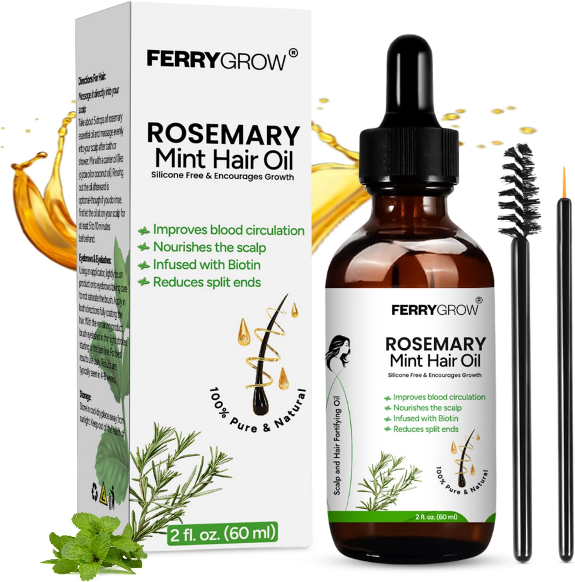 Rosemary Hair Oil 60 ml| Rosemary Mint Hair Growth Oil with Biotin for Thicker, Stronger Hair | Essential Oil for Hair Growth, Healthy hair oil