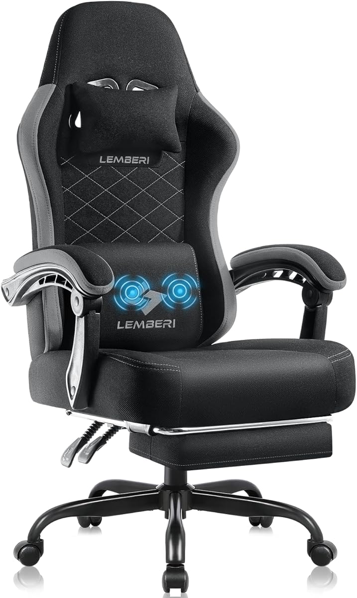 LEMBERI Gaming Chair, Fabric Big and Tall Video Game Chairs for Adults with Footrest,Racing Style Ergonomic Computer Gamer Chair with Headrest and Lumbar Support (Gray)