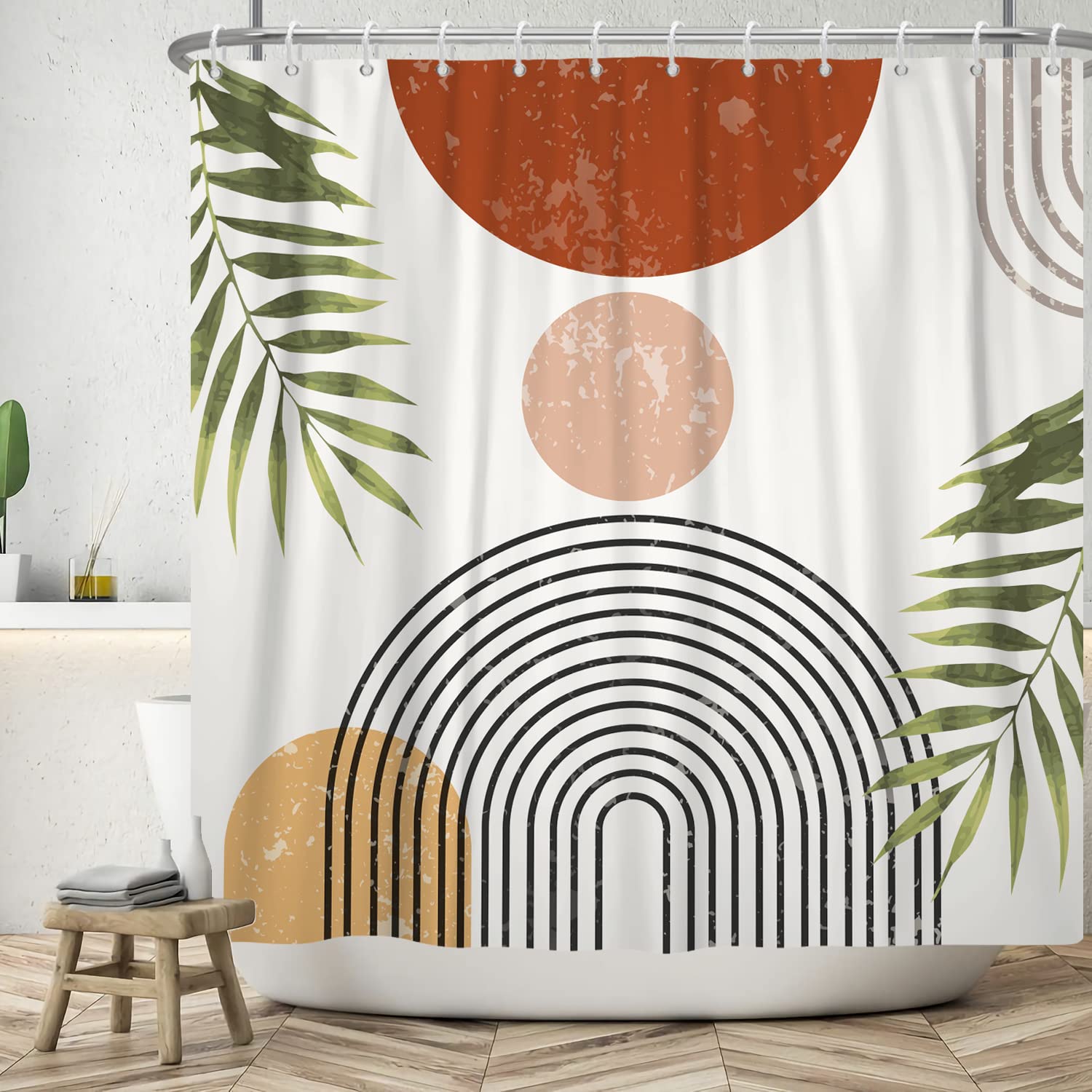 ASDCXZ Boho Shower Curtain 165x180 cm, Modern Abstract Art Boho Style Sun Green Leaves White Bath Washable Shower Curtains Polyester Textile Waterproof Bath Curtain for Bathtub with 12 Hook