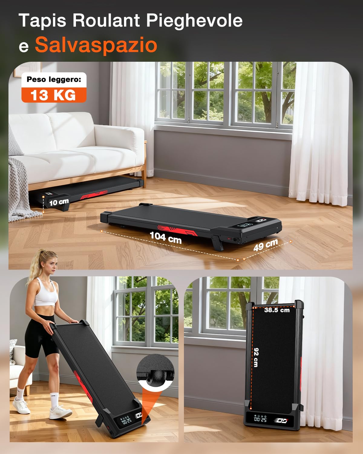 Tapis Roulant Elettrico Pieghevole 3 in 1 con Inclinazione 9%, Walking Pad 1-10 km/h, Motore Brushless Silenzioso 3,0 HP, Portata 140 kg, Display LED, Ammortizzato, Salvaspazio Casa Ufficio