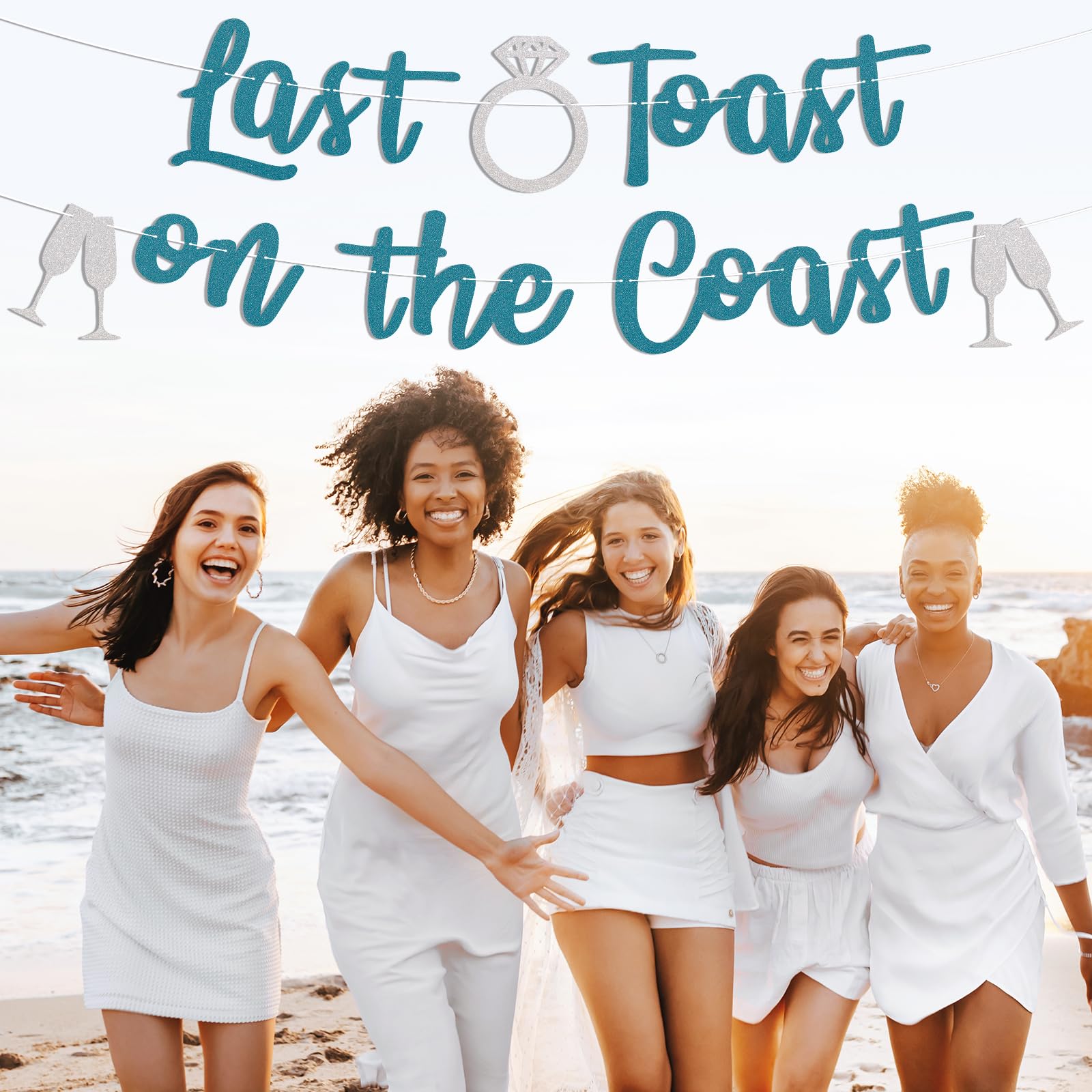 Bandera De Last Toast On The Coast – Decoración Costera Para Despedida De Soltera, Decoración Náutica Para Fiestas De Despedida De Soltera, Con Botella De Champaña Y Anillo De Purpurina Azul