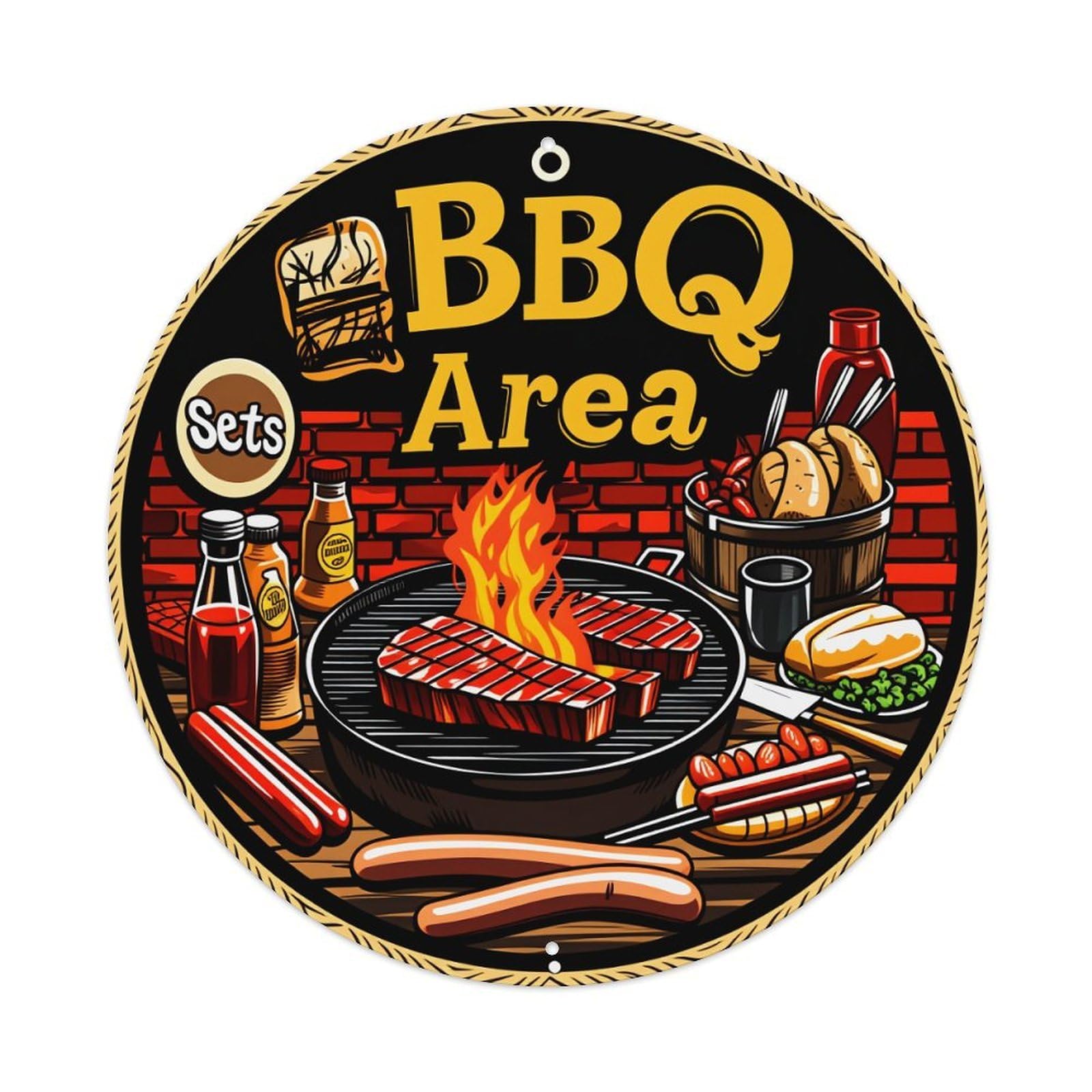 Bbq Grill Meat Fire Sauce Round Tin Sign Vintage Style Metal Sign Home Bar Garden Wall Plaque Decor Metal Poster 8x8 Inch