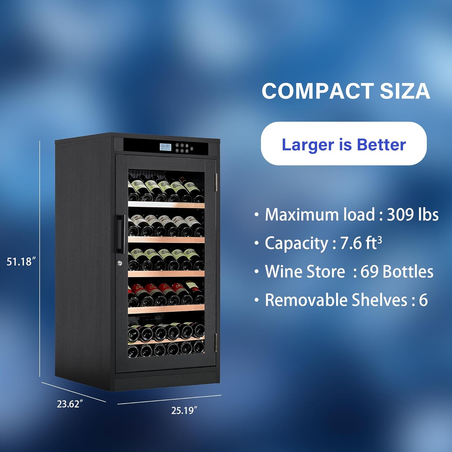 69 Bottles Wine Cooler LED Touch Screen, 7.6 ft³ Wine Cabinet Constant Temperature & Humidity Control, Dual Layer Tempered Glass Door, Black Wood Exterior for Home, Kitchen or Bar