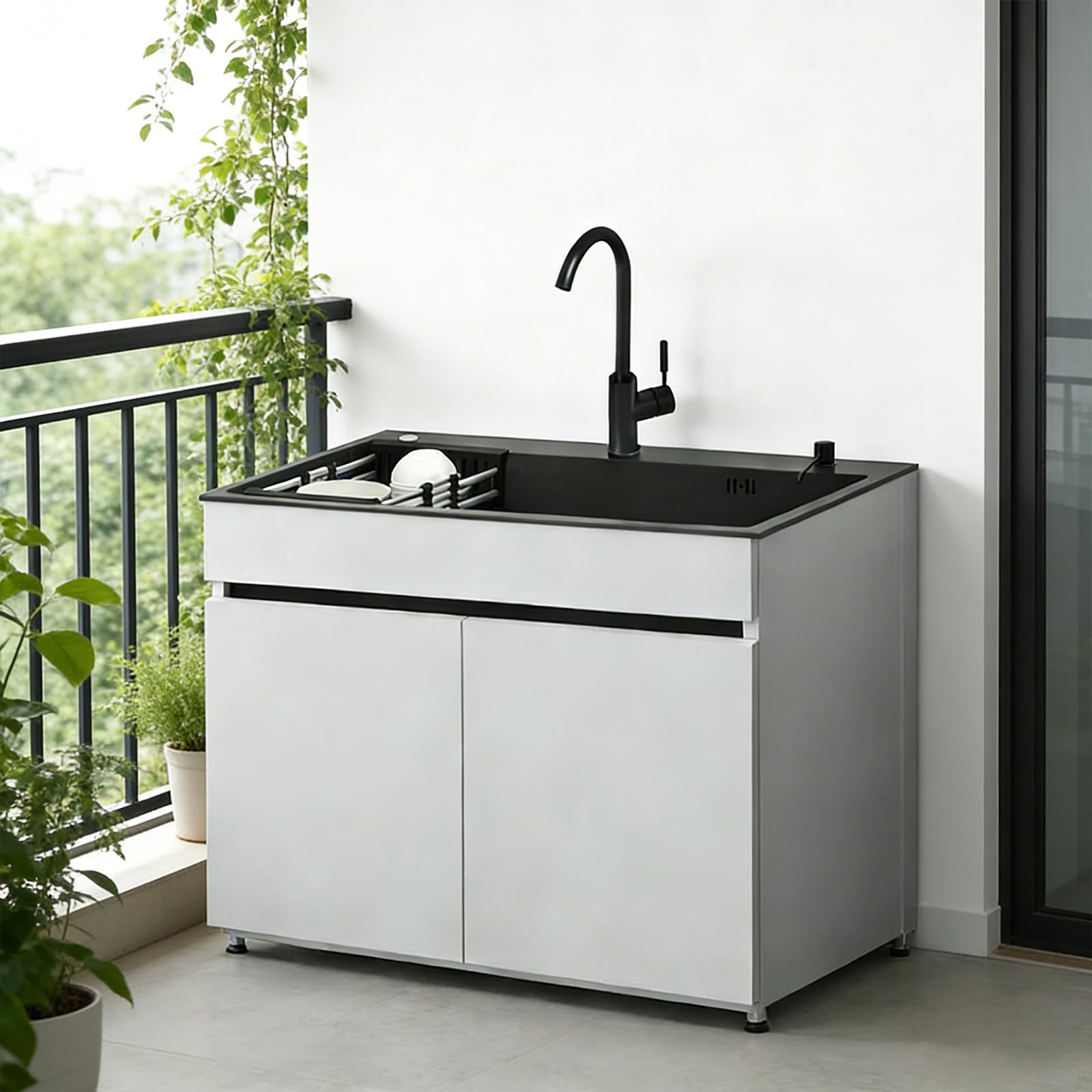 Fregadero de Acero Inoxidable con Agua Caliente y Fría Grifo, Fregadero de Cocina con Armario de Almacenamiento, Cesta de Desagüe para Exterior, Lavadero, 68/80 * 45 * 86 CM