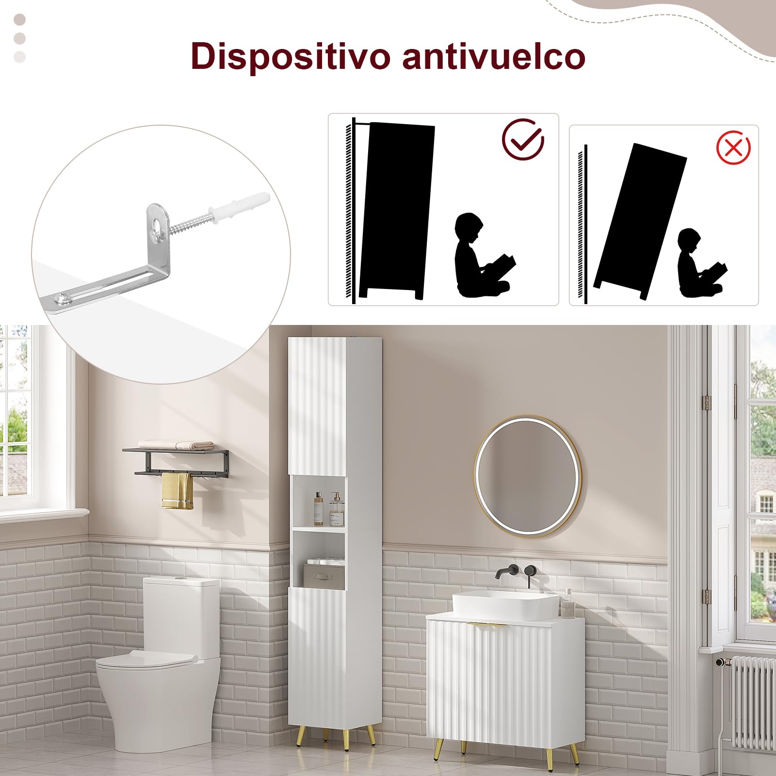 eSituro Armario Alto de Baño, Mueble Estrecho con Compartimentos Abiertos, Auxiliar con 2 Puertas, Estante Ajustable, Patas Metálicas Doradas, Blanco, 30x28x180 cm