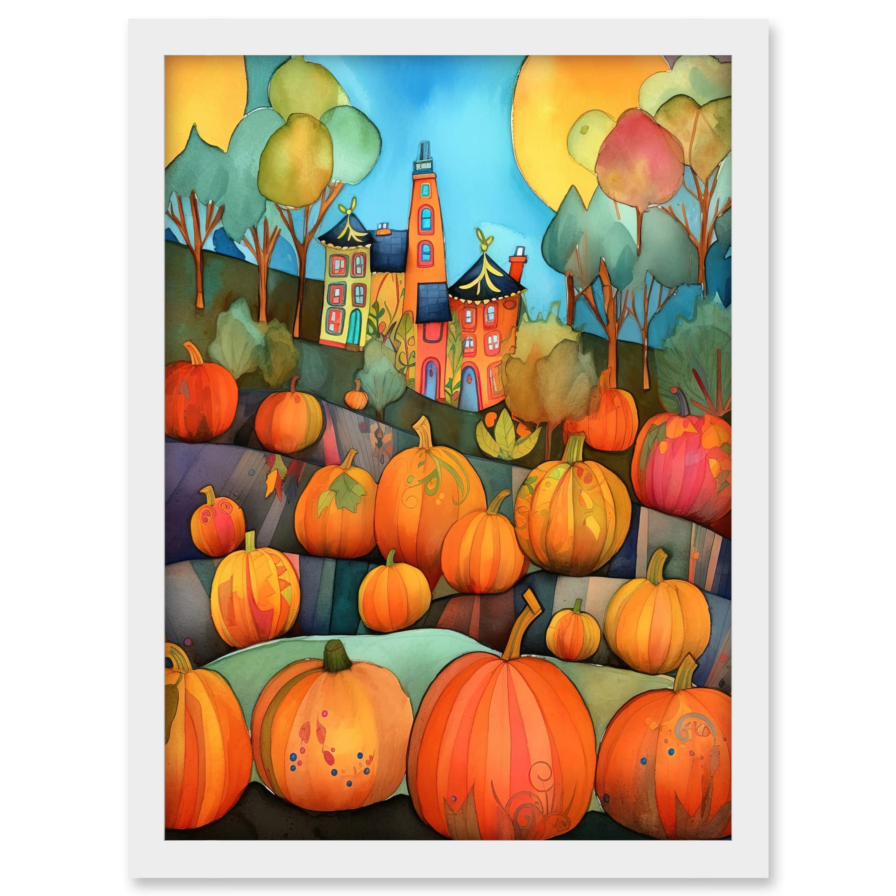 Artery8 Farm House Halloween Pumpkin Patch Modern Folk Art Watercolour Painting Artwork Framed A3 Wall Art Print
