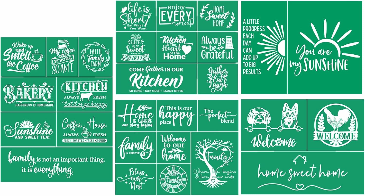 JAJADO 14 Pcs Kitchen/Coffee/Family Silk Screen Stencils Reusable Farmhouse Screen Transfers Burnning Stencils for Chalk Paste Paint Craft on Wood/Fabric/Glass, DIY Office/Dining Room/Home Decor