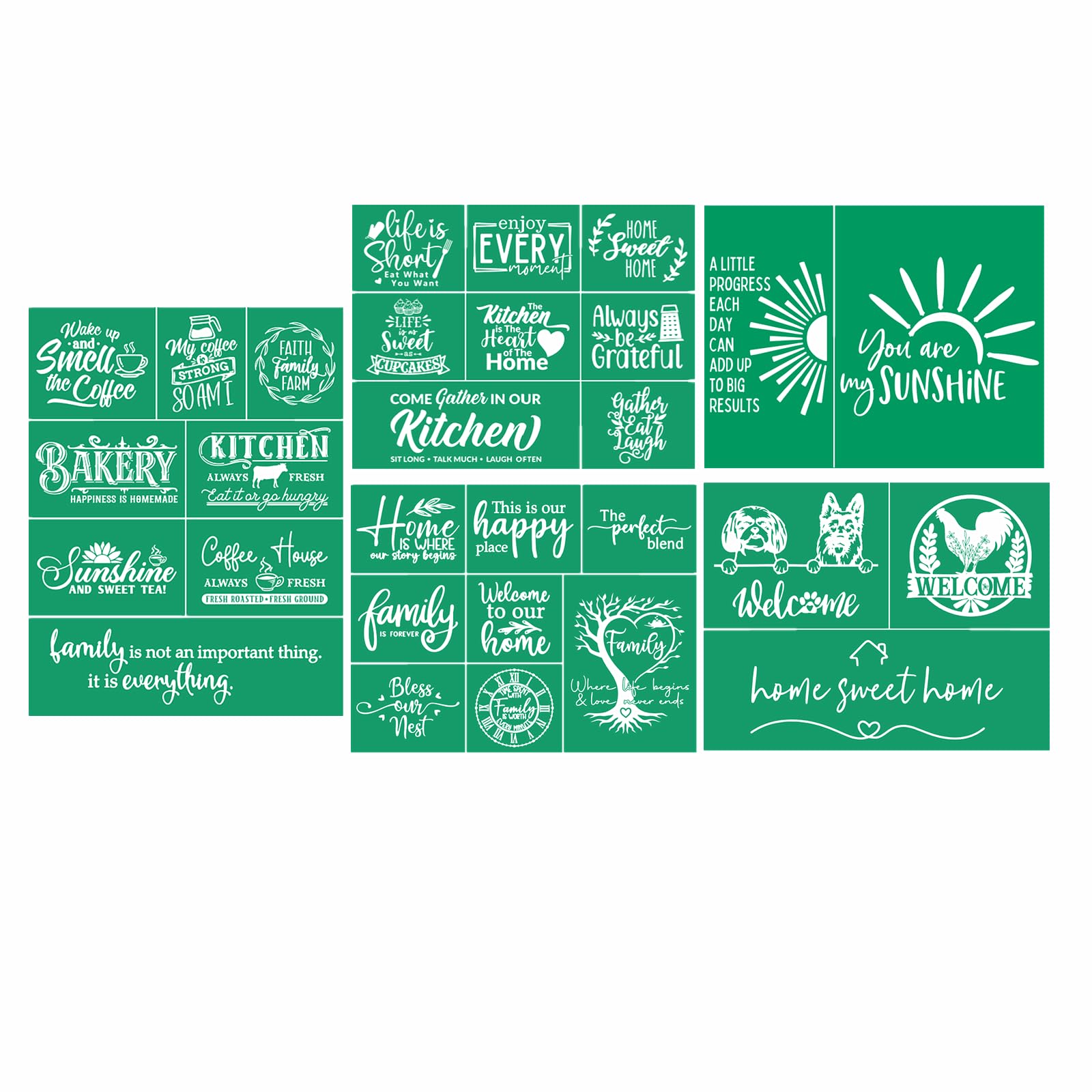 JAJADO 5 plantillas adhesivas reutilizables para cocina, casa dulce y café, transferencia de serigrafía, plantillas adhesivas reutilizables para manualidades, granja, familia, pintura sobre madera,