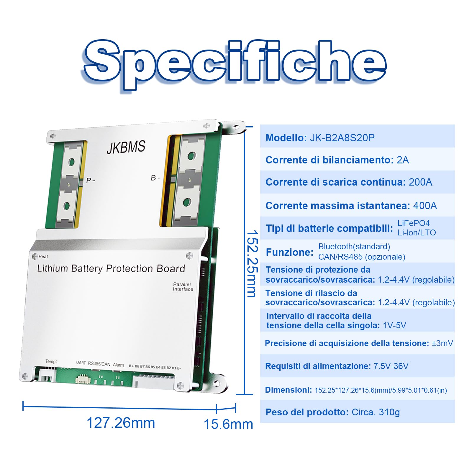 JKBMS Smart BMS 3S-8S 12V-24V 200A 2A Active Balance BMS con Bluetooth integrato e RS485, Scheda di Protezione per Batterie Li-Ion, LiFePO4 e LTO (JK-B2A8S20P)