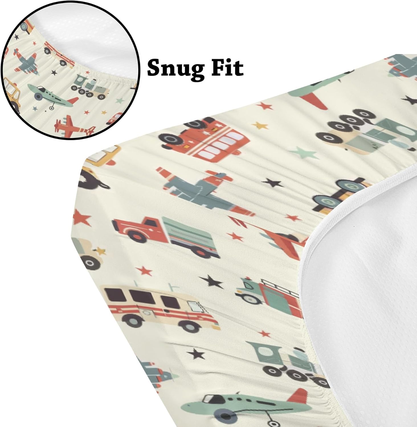 Cartoon Car Plane Train Stars Pattern Baby Sheets for Crib, Unisex Transportation Nursery Fitted Bed Sheet for Boys Girls Standard Crib and Toddler Mattress-28x52